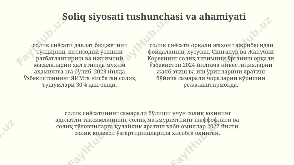 kil etdi. soliq siyosati va ijtimoiy adolat тошкент шаҳридаги кўп квартирали уйлардан олинадиган мол-мулк солиғи даромадини маҳаллий бюджетга йўналтириш ва ижтимоий инфратузилмани ривожлантириш орқали ижтимоий адолатни таъминлашга хизмат қилади. жаҳон банкининг 2022 йилги ҳисоботига кўра, адолатли солиқ сиёсати орқали ўзбекистоннинг яим нинг 3% гача ўсиши ва 1,5 млн. кишининг камбағалликдан чиқиши мумкин. солиқ сиёсатидаги 20% ли прогрессив тартиб, бойлардан кўпроқ солиқ йиғиш ва 50% камбағалларга субсидия ажратиш орқали ўзбекистоннинг айрим ҳудудларидаги ижтимоий тенгсизликни камайтиришга ёрдам беради. soliq siyosatining iqtisodiy oqibatlari 2022-yilda andijon viloyatida qoʻllanilgan progressiv soliq tizimi, yuqori daromadli shaxslardan koʻproq soliq yigʻishga yordam berdi, ammo ayni paytda yuqori daromadli shaxslarning investitsiyalarni kamaytirishga olib keldi. qozogʻistonning 2018-yilda joriy etgan soliq imtiyozlari, agro sanoatiga 5 milliard aqsh dollaridan ortiq investitsiyalarni jalb qildi, ammo bu davlat byudjetiga 100 million aqsh dollari miqdorida daromad yoʻqotishga olib keldi. soliq stavkalarining 20% dan 15% ga pasayishi, 2023-yilda oʻzbekistonning toshkent shahrida amalga oshirilgan, kichik biznesning rivojlanishiga …