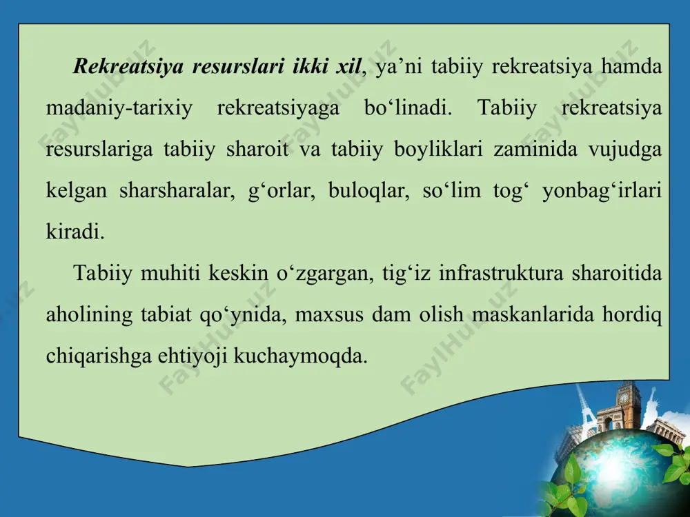 lariga javob beradigan mehmonxonalar sonini ko‘paytirish, shu orqali raqobatni kuchaytirish, mehmonxona narxlarini arzonlashtirishga kirishildi. yana bir muhim yo‘nalish - turistlarga xizmat ko‘rsatish bo‘yicha xorijiy tillarni hamda tarix va geografiyani puxta biladigan mutaxassislarni tayyorlash tizimini takomillashtirishdir. gidlar, mehmonxona xodimlari, turistik xizmatlar ko‘rsatishning yanada mukammal standartlarini o‘rnatish shular jumlasidandir. samarqandda ochilgan «ipak yo‘li» xalqaro turizm universiteti faoliyati ham shu maqsadlar uchun xizmat qilmoqda. bunga qo‘shimcha ravishda xorijiy oliy ta’lim muassasalari bilan hamkorlikdagi qo‘shma fakultetlar, xorijiy otmlar filiallari ham soha mutaxassislarini tayyorlashda yordam bermoqda. hozir bu borada, ayniqsa, rossiya, koreya, turkiya turizm akademiyasi, yevropa oliygohlari bilan faol ish olib borilyapti. natijada mamlakatimiz bo‘ylab sayohat qiluvchilarning soni yildan yilga oshib bormoqda. umuman olganda endilikda turizm sohasiga milliy iqtisоdiyotga yuqоri dа rоmаd kеltirаdigаn istiqbоlli tаrmоqlаrdаn biri sifаtidа qаrаlmоqdа. zеrо, mаmlаkаtimizdаgi tаriхiy оbidаlаrning qаriyb 200 tаsi mаdаniy mеrоs оbyеktlаri sifаtidа yunеskо ro‘yхаtigа kiritilgаn. rekreatsiya xo‘jaligi tarkibiga mеhmonхonalar, dam olish uylari va bazalari, sanatoriyalar, turbazalar, turistik transport …