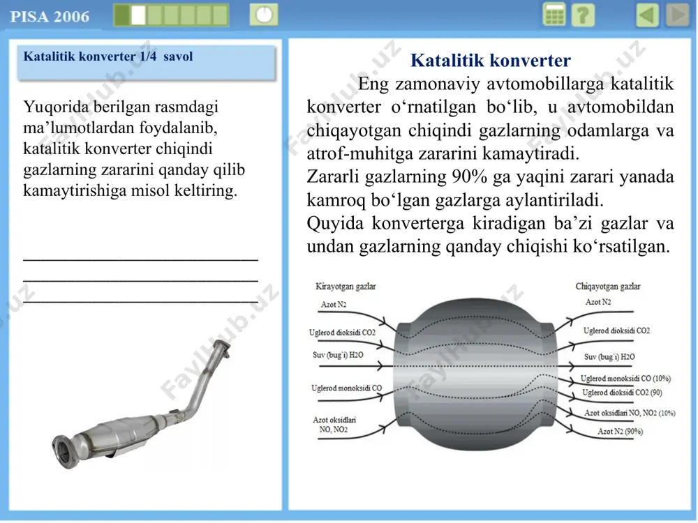 da konverterga kiradigan ba’zi gazlar va undan gazlarning qanday chiqishi ko‘rsatilgan. anesteziya uchun ishlatiladigan gazlar odam organizmining quyida keltirilgan organlar sistemasiga ta’sir ko‘rsatadimi? ha yoki yo‘q? ovqat hazm qilish sistemasi ha / yo‘q nerv sistemasi ha / yo‘q nafas olish sistemasi ha / yo‘q javob to‘liq qabul qilinadi-2 ball ► molekulalar parchalanadi va atomlar har xil molekulalarni hosil qilishi uchun qaytadan birikadi; ► atomlar har xil molekulalarni hosil qilish uchun qayta taqsimlanadi. javob qisman qabul qilinadi-1 ball ► atomlar qayta taqsimlanib, boshqa moddalarni hosil qiladi; ► molekulalar boshqa molekulalalarga aylanadi; ► atom va molekulalar birikadi hamda ajraladi, bunda zarari kamroq gazlar hosil bo‘ladi; ► 2(no2) = n2+ 2o2 * javob qabul qilinmaydi (0 ball): ► karbonat angidrid uglerod monooksidiga aylanadi; ► molekulalar kichikroq atomlarga parchalanadi. [izoh: atomlarning qayta taqsimlanishi qayd etilmagan.] mazkur savol o‘quvchilarning hodisalarni ilmiy jihatdan tushuntirish kompetensiyasini baholashga qaratilgan. katalitik konverter 3/4 savol katalitik konverterdan chiqadigan gazlarni tahlil …