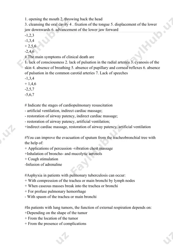 depends on: +depending on the shape of the tumor + from the location of the tumor + from the presence of complications -age #in patients with lung tumors, hypoxemic respiratory failure occurs as a result of: +pneumonia +atelectasis + tracheal obstruction -intoxication #in patients with lung tumors, plasma hypokalemia is caused by: +high accumulation of potassium by tumor +presence of metabolic alkalosis -presence of metabolic acidosis + large loss of potassium in sputum #indications for tracheostomy in patients with severe tbi: +long-term mechanical ventilation +sanitation of the tracheobronchial tree -lack of positive neurological dynamics within 1 day +presence of bulbar disorders #hypoxia is accompanied by the following symptoms: +psychomotor agitation +tachypnea and tachycardia -pale skin + increase or decrease in blood pressure #obstructive pulmonary ventilation disorders lead to: +impaired sputum rheology +laryngospasm +spasm and swelling of the bronchiole mucosa -there are no correct answers oximetry indicators depend on: +indicators of …