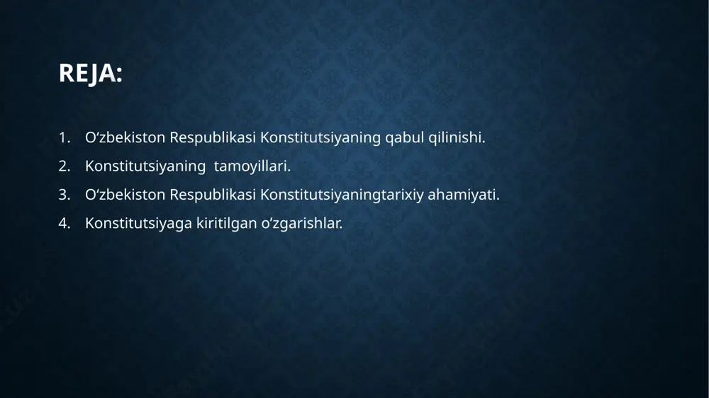 moddadan iborat edi. bu loyiha hali mukammallik darajasidan ancha yiroq edi. uning ustida yanada jiddiyroq va talabchanlik bilan ishlash zarur edi. 1992-yil bahorida esa loyihaning 149 - moddadan iborat ikkinchi varianti ishlab chiqildi. o‘zbekiston respublikasi konstitutsiyaning qabul qilinishi. 1992-yil 26-sentyabrda o‘zbekiston respublikasining konstitutsiyasi loyihasi umumxalq muhokamasi uchun matbuotda e’lon qilindi. muhokama 2 oycha davom etdi. muhokama jarayonida bildirilgan takliflar asosida tuzatishlar kiritilgan loyiha 1992-yil 26- noyabrda matbuotda ikkinchi marta e’lon qilindi. umumxalq muhokamasi davrida 6 mingdan ortiq taklif va mulohazalar bildirildi, ular inobatga olindi. birinchi prezident islom karimov o‘zbekiston konstitutsiyasini ishlab chiqishga rahbarlik qildi va o‘zining katta hissasini qo‘shdi. o‘zbekiston respublikasi konstitutsiyaning qabul qilinishi. unda mamlakatning asosiy qonunini qabul qilish masalasini muhokama qildi. sessiyada deputatlar loyihaga 80 ga yaqin o‘zgartirish, qo‘shimcha va aniqliklar kiritdilar. shunday qilib, shu kuni o‘zbekiston respublikasi oliy kengashining xi sessiyasi «o‘zbekiston respublikasining konstitutsiyasini qabul qilish to‘g‘risida», «o‘zbekiston respublikasining кonstitutsiyasi qabul qilingan kunni umumxalq bayrami deb e’lon …