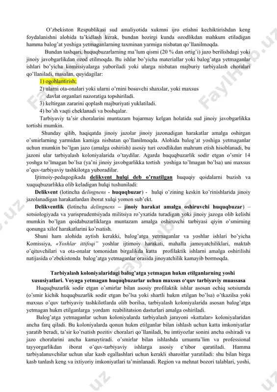 irish juda jiddiy zulm o’tkazgan jinoyatchilar orasida 75 % o’zlariga ham ota-onalari va boshqa shaxslar tomonidan shavqatsiz munosabat ko’rsatilganini aniqlab berdi. ular kuch ishlatib jinoyat sodir etishlarning umumiy sonidan 33 % ni sodir etganlar. yaponiyalik mutaxassislar o’z mamlakatlarida balog’at yoshiga yetmaganlar jinoyatlari hozircha o’sib borishi sabablarini o’ziga xos baholaydilar. ular jinoyatchilik o’sishi turmush sharoitlaring, farovonlikning o’sishi va o’qish bilan, oilada tarbiyaning yetarli bo’lmasligi, oilaning an’anaviy qadriyatlari buzilishi, individualizmning namoyon bo’lishi bilan bog’liq oqibatlar-stresslar sababli deb hisoblaydilar. yaponiyada o’tkazilgan tekshirishlar balog’atga yetmagan huquqbuzarlar ko’pincha ota-onasiz o’sgarlar, hamda kam ta’minlangan oilalardan chiqqan bolalar bo’lib chiqishini ko’rsatdi. rossiyalik mutaxassislar ham jinoyatchilikning o’sishini ko’rsatadilar. hozirgi davrda o’smirlar rossiyada aholining eng kriminogen zararlangan qismi hisoblanadilar. o’zbekiston respublikasi jinoyat kodeksiga binoan balog’at yoshiga yetmagan huquqbuzar deb jinoyat sodir etish paytiga kelib 14 yoshga to’lgan, lekin hali 18 yoshga to’lmagan shaxslar hisoblanadilar. balog’at yoshiga yetmaganligi javobgarlikni yumshatuvchi holat sifatida qaraladi. masalan, balog’at yoshiga yetmaganlarga nisbatan ba’i bir …