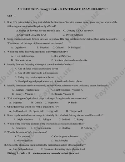 aboker prep. biology grade - 12 enterance exam.2000-2009ec — DOCX