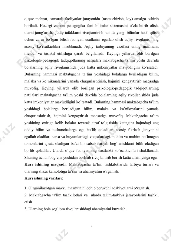 hkilotlarida tarbiya turlari va ularning shaxs kamolotiga ta’sirini takomillashtirish yo‘llari. kurs ishining tuzilishi. kirish, 2 bob, 4 bo’lim, xulosa, glossariy va foydalanilgan adabiyotlardan iborat. i bob maktabgacha yoshdagi bolalarga tarbiya berishning ahamiyati 1.1. maktabgacha yoshdagi bolalarga ta’lim-tarbiyaning asosiy vazifasi insonni har tomonlama barkamol etib tarbiyalash jamiyat oldidagi eng dolzarb masala sifatida qaralib, xalqimizning azaliy orzusi bo‘lib, ajdodlarimiz ma’rifat, ma’naviyat va madaniyatni qanday qilib yosh avlodga o‘rgatish, ularni komillikka yetaklash yo‘llari, qonun-qoidalarini muttasil izlaganlar. ota-bobolarimiz azaldan bola tarbiyasi kamolotiga alohida e’tibor qaratganlar. inson shaxsini ma’naviy kamolga yetkazish yuksak xulq-odob, ilm-fanni egallash asosidagina amalga oshirilishi mumkinligini ta’kidlaganlar. buning uchun esa shaxs ta’lim-tarbiyasi va rivojlanishiga jiddiy e’tibor qaratmoq lozimligini aytadilar. shaxs - ta’lim tizimining bosh subyekti va obyekti, ta’lim sohasidagi xizmatlarning iste’molchisi va ularni amalga oshiruvchisi sifatida qaraladi. shaxs - muayyan jamiyatning a’zosidir. shaxsning har tomonlama kamol topishida va uning xulq-atvorida ijtimoiy va biologik omillarning ta’sir kuchi hamisha ham bir xil bo‘lavermaydi. uning …
