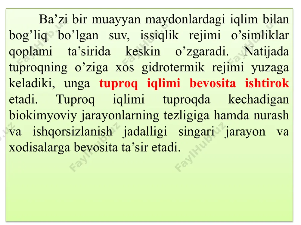 anadi, havo massasi pastga tushganda isib, uning quruqligi orta boshlaydi. natijada o’simlik va tuproq qoplamining murakkab vertikal zonalligi yuzaga keladi. m e z o r e l e f -ga balandlikning kam o’zgaradigan adir- qirlar past balandliklar va vodiylar kabi relyeflar shakllari kiradi. mezorelyef tuproqda yorug’lik, issiqlik va namning to’planishi va tarqalishida asosiy rol o’ynaydi. m i k r o r e l e f – relyefning kichik, past shakllari bo’lib, ularga pastqam joylar, do’ngchalar va boshqa yer yuzasi notekisliklari kiradi. mikrorelyefning pastqam joylarida namlik ko’proq to’planishi, tuproqning chuqur (ba’zan sizot suvlariga qadar) namlanishi tuproq hosil bo’lish jarayonlariga ta’sir etadi. tuproqlarning kompleks (kichik bir maydonda bir necha xildagi tuproqning bo’lishi) holda tarqalishida ham mikrorelyef asosiy rol o’ynaydi. hozirgi vaqtda relyefning holati va unga ko’ra yog’inlarning turlicha taqsimlanishiga qarab quyidagi tuproq gruppalariga ajraladi. a v t o m o r f t u p r o q l a r – …