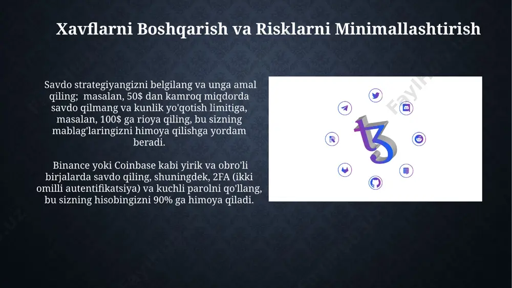 o agar siz aqshdan tashqarida joylashgan bo'lsangiz, qo'shimcha 10% komissiya qo'shiladi. ko'plab kriptovalyuta birjalari, masalan, binance yoki coinbase, to'lovlarni amalga oshirish uchun 0.1% dan 1% gacha bo'lgan komissiyalarni, shuningdek, 20 usd dan yuqori bo'lgan to'lovlar uchun qo'shimcha 5 usd to'lovni qo'llaydi. hisobni ro'yxatdan o'tkazish va tasdiqlash hisobni ro'yxatdan o'tkazish uchun, 18 yoshdan katta bo'lishingiz, amal qiladigan telefon raqamingiz va elektron pochta manzilingizni taqdim etishingiz, shuningdek, shaxsingizni tasdiqlovchi hujjatlarni (masalan, pasport yoki haydovchilik guvohnomasini) yuklashingiz kerak, masalan, binance yoki coinbase kabi platformalarda. tasdiqlash jarayoni odatda 24-72 soat davom etadi va sizning manzilingizni, telefon raqamingizni va identifikatsiyalovchi hujjatlaringizni tekshirishni o'z ichiga oladi. ba'zi platformalar qo'shimcha kyc/aml tekshiruvlarini, masalan, video-tasdiqlashni talab qilishi mumkin. e'tiboringiz uchun rahmat @taqdimot_robot image2.jpg image3.jpg image4.jpg image5.jpg image6.jpg image7.jpg image8.jpg image9.jpg image10.jpg