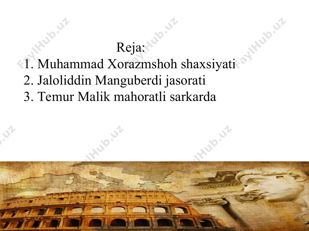 i soniy laqabini ham oldi va saroyda zulqarnayn navbasi (shoh kirishi sharafiga musiqiy madhiya)ni joriy qildi. muhammad xorazmshoh davrida saltanat ham hududiy, ham kuch-qudrat jihatidan oʻzining yuksak choʻqqisiga yetgan. muhammad xorazmshoh davrida xorazmshohlar davlati shimolda orol, gʻarbda kaspiy dengizigacha, janubda iroq va gʻaznagacha, sharqda yettisuvgacha kengaygan. 1207-yilda xurosonda va fors iroqida oʻz mavqeini mustahkamlab olgan muhammad xorazmshoh eʼtiborini movarounnahrga qaratdi. bunga sabab qoraxoniylarning soʻnggi hukmdori usmon ibn ibrohimning qoraxitoylarga qarshi kurashda (qarang malik sanjar qoʻzgʻoloni) yordam soʻragani bir bahona boʻldi. xorazmshoh qoʻshinlari qoraxitoylarning tayangu boshliq qoʻshini bilan ilamish sahrosida toʻqnashdi. bu jangda qoraxitoylar magʻlub boʻlib, movarounnahrdan oʻzgandgacha boʻlgan yerlar xorazmshoh tasarrufiga oʻtdi. muhammad xorazmshoh oʻziga iskandari soniy laqabini ham oldi va saroyda zulqarnayn navbasi (shoh kirishi sharafiga musiqiy madhiya)ni joriy qildi. qoraxitoylar davlatini tormor qilib, sharqiy chegaralaridan xotirjam boʻlgach, fors iroqini, mozandaron, arron, ozarbayjon, shirvon, mikron, mingqishloq, kesh, sijiston, gʻur, gʻazna, bomiyonlarni zabt etib, xindiston chegaralarigacha yetib bordi. muhammad xorazmshoh …