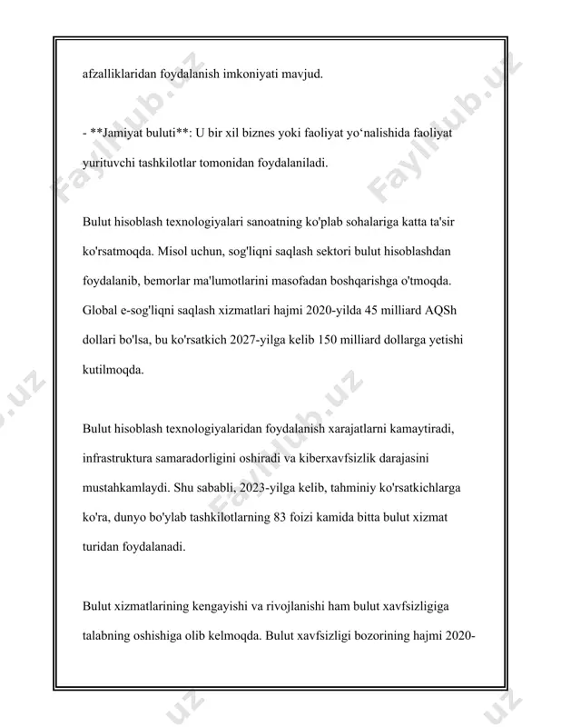 ot berilgan. 1. **infraestructure as a service (iaas)**: iaas xizmatlari foydalanuvchilarga fundamental it infrastrukturasini masofadan turib foydalanish imkoniyatini beradi. bu turdagi xizmatlar ma'lumotlarni saqlash, virtual mashinalar va tarmoq resurslarini o'z ichiga oladi. adabiyotlarda aytilishicha, 2021-yilda iaas bozori o'sish sur'ati 27.5% ga yetgan va 80 milliard aqsh dollariga yaqin qiymatga ega bo'lgan. taniqli iaas provayderlari amazon web services (aws), microsoft azure va google cloud platformni o'z ichiga oladi. 2. **platform as a service (paas)**: paas tashkilotlar va dasturchilar uchun dasturlarni ishlab chiqish va keyinroq joylashtirish imkoniyatlarini taqdim etuvchi platformadir. bu xizmat dasturiy ta'minot ishlab rivojlantirish va sinov qilish uchun zarur bo'lgan vositalar va infrastrukturani taqdim etadi. paas xizmatlari global ravishda yillik 26% o'sish bilan 2020-yilda qariyb 60 milliard dollarga erishgan. microsoft azure app services, google app engine va heroku singari xizmatlar bu segmentda mashhur. 3. **software as a service (saas)**: saas xizmatlari foydalanuvchilarga dasturiy ta'minotdan internet orqali foydalanish imkoniyatini beradi. bu …