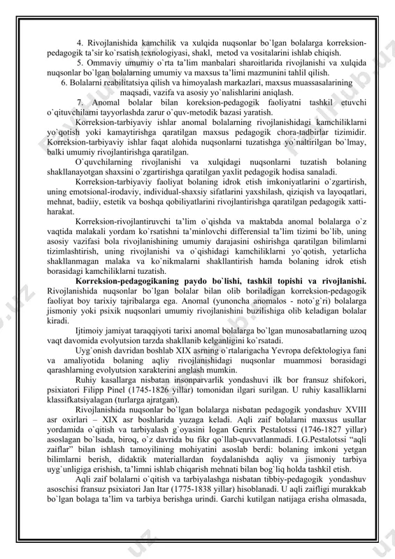 bolaning psixofiziologik imkoniyatlari darajasida ijtimoiy muhitda ishtirok etishi uchun sharoit yaratish, uni ijtimoiy hayoti va mehnatiga jalb etishni anglatadi. bu korreksion pedagogika nazariyasi va amaliyotida asosiy vazifa hisoblanadi. reabilitatsiya nuqsonlarini yo`qotish va yumshatishga yo`naltirilgan maxsus tibbiy vositalar hamda maxsus ta’lim, tarbiya va kasbiy tayyorlash yordamida amalga oshiriladi. reabilitatsiya jarayonida kasallik oqibatida buzilgan funksiyalarning o`rni to`ldiriladi. reabilitatsiya vazifalari anomal bolalarning turli kategoriyalari uchun maxsus o`quv muassasalari tizimida hal etilib, unda o`quv jarayonini tashkil etish xususiyatlari bolalarning anomal rivojlanishi xususiyatlariga qarab belgilanadi. 7. ijtimoiy adaptatsiya (yunoncha «adapto» - moslashish) – anomal bolalarning individual va guruhli xulqlarini jamoatchilik qoidalari va qadriyatlari tizimiga mos kelishini ta’minlash. anomal bolalar uchun ijtimoiy munosabatlarni tashkil etish qiyin, sodir bo`layotgan o`zgarishlarga mos ravishda javob qaytarish qobiliyati past, shu bois murakkab talablarni bajarishga ularning layoqati yetmaydi. ijtimoiy adaptatsiya bolalarga ijtimoiy foydali mehnatda faol ishtirok etish uchun imkoniyat yaratadi. 8. oilaviy tarbiya reabilitatsiyani samarali tashkil etish omili. oila va maktabning …