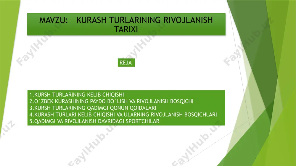 lmalar, tarixiy qoʻlyozmalar tasdiqlaydi. qadimgi baqtriya (oʻzbekiston janubi) hududidan topilgan jez davriga oid silindrsimon sopol idishda ikki polvon va ulardan biri ikkinchisini chalayotgani tasvirlangan. shu davrga mansub boshqa arxeologik topilmada esa polvonlarning kurash usullarini namoyish qilayotgani aks ettirilgan. bu noyob topilmalar miloddan 1,5 ming yil ilgari ham kurash ajdodlarimiz turmush tarzining bir qismi boʻlganidan dalolat beradi. yunon yozuvchisi klavdiy elian (ii-iii asr) va boshqa tarixiy shaxslarning yozishicha, shu hududda umr kechirgan sak qabilasi qizlari oʻzlariga kuyovni yigitlar bilan kurashib tanlaganlar. keyinchalik qizlar kuyovni shart koʻyish yoʻli bilan aniqlashgan va bu shartda kurash musobaqasi boʻlgan. bunga oʻzbek xalq qahramonlik dostoni — „alpomish“dagi barchin shartlarini misol qilib koʻrsatish mumkin. ulardan biri ikki kurashuvchining biri oʻz raqibining belbogʻidan ushlab oʻziga tortadi, shu bilan birga oʻz raqibidan qutulishning chorasini qiladi…“. bu taʼrif zamonaviy kurash qoidalariga yaqindir. shuningdek, mahmud koshgʻariyning „devonu lugʻotit turk“, alisher navoiyning „hamsa“, „holoti pahlavon muhammad“, zayniddin vosifiyning „badoyeʼ ul-vaqoyeʼ“, husayn voiz …