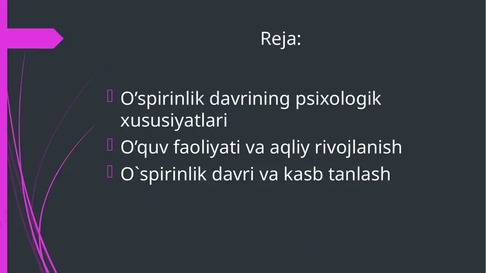 shiga sabab shuki ular o’qishga o’zlarining bor imkoniyatlarini sarflamaydilar bo’sh o’quvchilarda o’qishga qiziqishning pasayishga sabab shuki ular materialni o’zlashtirishning uddasidan chiqmaydilar. n.d.levitov o’tkazgan tadqiqotlarning ko’rsatishicha ilk o’spirin shaxsi o’quv fanlariga o’z munosabatini belgilayotgan vaqtda quyidagi mulohazalarga; -fanning dunyoqarashdagi ahamiyatiga (u tabiat va jamiyatning taraqqiyot qonunlarini tushunishda ijtimoiy hodisalarning farqiga borishda qanchalik yordam berishiga); -fanning bilishdagi ahamiyatiga (uning bilim doirasini qanchaliik kengaytirishga qanchalik qiziqarli bo’lishiga zarur bilimlar berishga noma’lum narsalarni qanchalik ochib bera olishga); -fanning ijtimoiy ahamiyatiga mamlakatning ilmiy ijtimoiy madaniy va xo’jalik hayotida bu fanning roliga; -mazkur o’quvchi uchun bu fanning amaliy ahamiyatiga (belilangan ixtisos bilan bog’liqligi foydali malaka va ko’nikmalarni egallash imkoniyatiga); -muayyan faning yaxshi o’qitilishiga asoslanadilar. n.d.levitov o`spirinlik davri va kasb tanlash kasb tanlash ijtimoiy foydali mehnatga o’z hisasini qo’shish zarurligini anglash natijasida kasbga yo’nalish. proforientatsiya - yoshlarni hohish istaklari qiziqishlari qobiliyatlariga qarab xalq xo’jaligi mutaxassislarga bo’lgan ehtiyojlaridan kelib chiqqan holda psixologik-pedagogik va tibbiy kasbga yo’naltirish. psixolog ye.a.klimov …