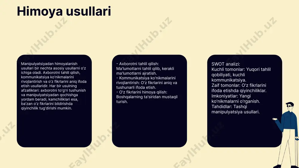 turishga tayyor bo'ladi. muloqot ko'nikmalari muloqot ko'nikmalari ham muhim ahamiyatga ega. ushbu ko'nikmalar odamlar o'rtasida samarali muloqot o'rnatishga yordam beradi, bu esa manipulyatsiyalarni aniqlash va ularga qarshi kurashishda muhimdir. muloqot ko'nikmalari orqali inson boshqa odamlarning fikrlarini va niyatlarini yaxshiroq tushunishi mumkin. ommaviy axborot vositalaridagi rol ijtimoiy tarmoqlarda manipulyatsiyalarga qarshi kurash ommaviy axborot vositalari ijtimoiy tarmoqlarda manipulyatsiyalarga qarshi kurashda muhim rol o'ynaydi. ular foydalanuvchilarni ishonchli va aniq ma'lumotlar bilan ta'minlab, manipulyativ ta'sirlardan himoya qilishga yordam beradi. ommaviy axborot vositalarining ta'siri bu vositalar, misol uchun, yangiliklarni tez va samarali tarqatish orqali manipulyatsiyalarga qarshi kurashni kuchaytiradi. ommaviy axborot vositalari, ijtimoiy tarmoqlarda falsafiy va izchil fikrlashni rag'batlantirib, foydalanuvchilarni xabardor qilishda muhim ahamiyatga ega. foydalanuvchilarni himoya qilish imkoniyatlari foydalanuvchilarni manipulyatsiyalardan himoya qilish uchun ommaviy axborot vositalari ta'lim va ma'rifatga e'tibor qaratishi zarur. ular foydalanuvchilarga tanqidiy fikrlash ko'nikmalarini rivojlantirishda yordam berishlari, shuningdek, manipulyatsiyalarning oldini olish uchun strategiyalarni ishlab chiqishlari muhimdir. xulosa ushbu prezentatsiya davomida kommunikativ ta'sir …