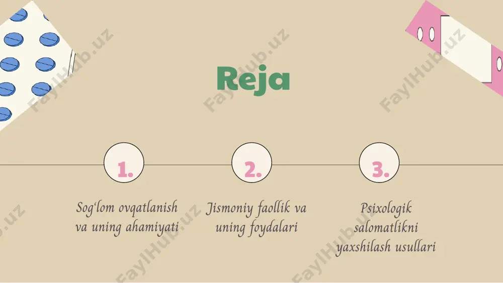 energiya manbai bo‘lib, ular jismoniy faoliyat uchun zarur bo‘ladi. suvning ahamiyati suv organizmda barcha jarayonlar uchun muhimdir, u toksinlarni chiqarishda va qizil qon hujayralarining ishlab chiqarilishida yordam beradi. sog‘lom ovqatlanish va jismoniy faoliyat ovqatlanish va jismoniy faoliyat o'rtasidagi bog'lanish sog‘lom ovqatlanish jismoniy faoliyatning samaradorligini oshiradi. to‘g‘ri ovqatlar energiya beradi va mushaklarning tiklanishini tezlashtiradi. ovqatlanish orqali jismoniy faoliyatni kuchaytirish yuqori oqsilga ega ovqatlar, sabzavotlar va mevalar iste'moli jismoniy faoliyatni yaxshilaydi va chidamlilikni oshiradi. bular sport faoliyatida muhim ahamiyatga ega. jismoniy faoliyat va ovqatlanish rejalashtirish jismoniy mashg‘ulotlardan oldin va keyin to‘g‘ri ovqatlanish rejasini tuzish zarur. bu mushaklar va organizmning tiklanishini tezlashtiradi. sog‘lom turmush tarzini shakllantirish sog‘lom ovqatlanish va muntazam jismoniy faoliyat sog‘lom turmush tarzining asosiy tamoyillaridir. ular birgalikda hayot sifatini yaxshilaydi. 1. 2. 3. 4. jismoniy faollikning ta'rifi jismoniy faollik - bu tananing harakatlanishi, mushaklar faoliyati va energiya iste'moli bilan bog'liq bo'lgan faoliyatdir. jismoniy faollikning asosiy turlari yurish, yugurish, suzish va sport …