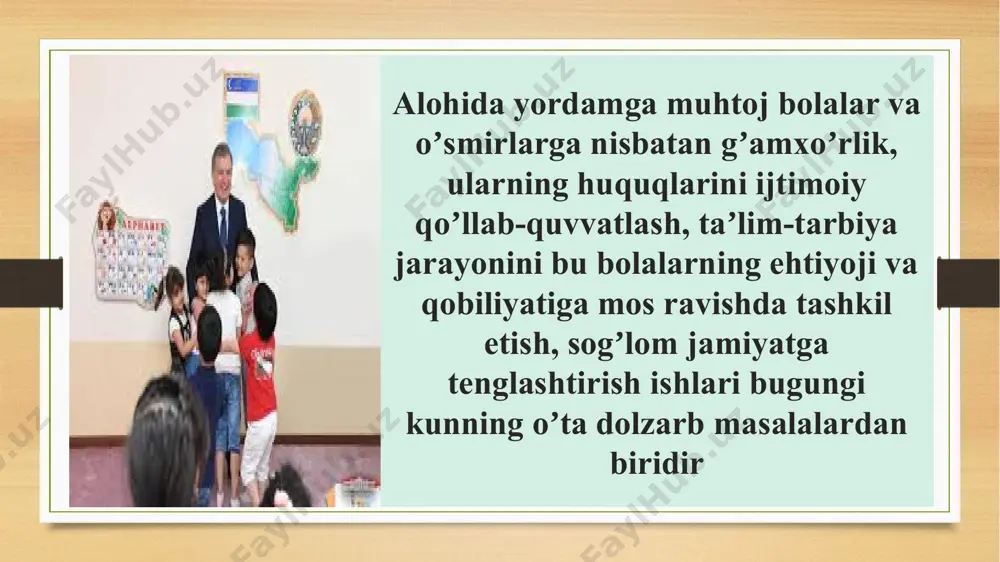 i. gospital o‘qituvchisi o‘z ishida oddiy maktabda qo‘llaniladigan an’anaviy usullardan sezilarli darajada farq qiladigan usul va vositalardan foydalanadi. har bir fan yuzasidan ta’lim beradigan o‘qituvchilardan bu jarayonda o‘ta ehtiyotkorlik hamda yuqori tajriba talab etiladi presentation template by bolalar gematologiyasi, onkologiyasi va klinik immunologiyasi markazida davolanayotgan bolalarga shunday olimlar bo‘lgani, ular ham kasallik sababli qaysidir ma’noda ta’lim olishdan uzilish jarayonlariga duch kelgani, biroq shunga qaramay, o‘z maqsadlari yo‘lida turli darajadagi qiyinchiliklarni yengib o‘tishga muvafaaq bo’lganini ona tili va adabiyot fani va dars mashg‘ulotlaridan unumli foydalanib, bolalarga tanishtirish hamda o‘qituvchining notiqligi bilan dars mashg‘ulotlarida faollikka chorlovchi fikr-mulohazalar, tavsiyalarning berib borilishi bolalarda nafaqat fanga nisbatan qiziqishni, balki ota-onasi va o‘zi uchun kasallikni yengib, ruhan kuchli bo‘lishga chorlaydi. presentation template by 2000 yilning 26-28 aprel kunlari dakarda taʼlim toʼgʼrisida xalqaro forum qatnashchilari tomonidan “dakar harakat dasturi” qabul qilindi. ular 10 yil oldin qabul qilingan “taʼlim hamma uchun” xalqaro deklaratsiya (djomtьen-tailand-1990 yil) ni qayta tasdiqlab, …