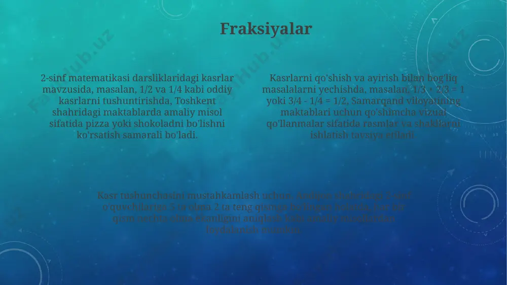 hni o'z ichiga oladi va samarqanddagi bolalar bu masalalarni yaxshi yecha oladi. 2-sinf matematika darsliklaridagi misollarning 25 foizi sonlarni qo'shish va ayirishga, 15 foizi esa geometrik shakllarni hisoblashga bag'ishlangan bo'lib, toshkent shahridagi maktablarning aksariyatida qo'llaniladi. ikki xonali sonlarni ayirish ikki xonali sonlarni ayirishda, masalan, 75 dan 32 ni ayirishda, birliklar ustunidan (5-2=3) boshlanadi va keyin o'nliklar ustuniga (7-3=4) o'tiladi, natija 43 bo'ladi. bu samarqanddagi 2-sinf darsligida ko'p uchraydigan misol turi. ikki xonali sonlardan ayirishda qarz olish usuli, masalan, 42 dan 27 ni ayirishda, birliklar ustunida 2 dan 7 ni ayira olmaganimizda, o'nliklardan 10 qarz olib, 12-7=5 ni topamiz va o'nliklarda 3-2=1 ni hisoblaymiz, natija 15 bo'ladi ikki xonali sonlarni ayirishda, masalan, 96 dan 48 ni ayirish misolida, avval birliklarni (6-8) ayira olmaganimiz uchun, o'nliklardan 10 qarz olib, 16-8=8 ni topamiz, so'ngra o'nliklarda 8-4=4 ni hisoblaymiz, javob 48 bo'ladi. bunday misollar farg'ona viloyati maktablaridagi darsliklarda ham beriladi. geometrik shakllar ikki o'lchovli …