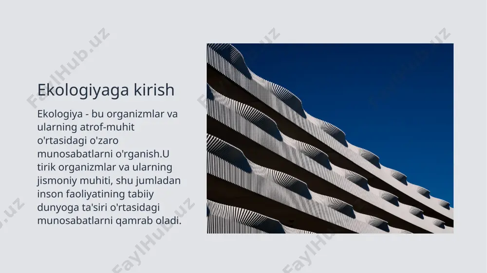 amaliyotini qo'llab-quvvatlash kiradi. ekologik ketma-ketlik ekologik ketma-ket ekotizimlar vaqt o'tishi bilan ekotizimlar o'zgarishi va rivojlanishi.bu bezovtalikdan keyin, masalan, olov yoki vulqon otilishi va yangi turlarni bosqichma-bosqich tuzish va ekotizimni tiklash uchun olib kelishi mumkin. ekologiya kelajagi ekologiya kelajagi bizning ekologik muammolarni hal qilish, biologik xilma-xillikni himoya qilishimiz va barqaror tajribalarni targ'ib qilishimizga bog'liq.birgalikda ishlash orqali biz kelajak avlodlar uchun ekotizimlarning salomatligi va barqarorligini ta'minlashimiz mumkin. atrof muhiti atrof muhiti individual yoki jamoani qamrab oladigan tabiiy va texnogen elementlarni anglatadi.bunga havo, suv, erlar, o'simliklar, hayvonlar, inshootlar va infratuzilma kiradi.atrof muhiti hayot sifatini va odamlarning hayot sifatini shakllantirishda hal qiluvchi rol o'ynaydi. sog'lom atrofdagi muhitning ahamiyati sog'lom atrofdagi muhit er yuzida yashash uchun zarurdir.masalan, toza havo va suv inson salomatligi uchun juda muhim, chunki turli xil o'simliklar va hayvonlar ekotizim barqarorligiga hissa qo'shadi.bundan tashqari, yaxshi ta'minlangan muhitlar jamoalarning savodliligini oshirishi mumkin. atrof muhitiga misollar ijobiy atrof muhitiga misollar, yaxshi saqlanadigan parklar va …