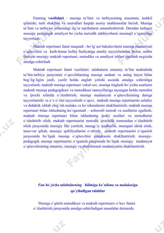 usika nazariyasi, musiqa tarixi, dirijyorlik, vokal ijrochiligi kabi fanlar bilan boglik. musiqiy - nazariy predmetlar bo`lajak o`qituvchilarga musiqa sanhatini bolalarga samarali yetkazish yo`larini ularga hayotning musiqiy obrazlarda aks etishini, musiqa ifoda vositalarini amalda qo`lashga yordam beradi. fanning ta’limdagi o`rni musiqa o`qitish nazariyasi, metodikasi va maktab repertuari fanini o`zlashtirish musiqa madniyati va kasb – xunar kollejiga, maktabdan tashqari tashkilotlarda musiqiy ta’lim va estetik tarbiya beruvchi o`qituvchilarni tayyorlaydi. pedagogik faoliyat uchun lozim bo`lgan bevosita usul metod va yo`nalishlarni o`z ichiga oladi. fan musiqiy ta’lim yo`nalishi talabalarini nazariy va amaliy faoliyatini musiqa madaniyati o`qituvchisini amaliy faoliyatida muvoffakiyatli qo`llash imkonini beradi. fanni o‘qitishda zamonaviy axborot va’edagogik texnologiyalar fanni bilimlarini o‘zlashtirish uchun ta’limning muammoli, rivojlantiruvchi o‘qituv, ‘edagogik o‘yinlar, interfaol usullar axamiyatga xususiy-’edagogik, individual yondashuv kabi zamonaviy ‘edagogik texnologiya va metodlardan foydalanish tavsiya etiladi. fanni o‘tkazish jarayonida quyidagi interfaol metodlar ishlatish mumkin: «muammoli savollar», «asosiy terminlar», «aqliy hujum», «bumerang», «tarmoqlar», «fikrlar bilan almashuv», «birgalashib qidiruv», «markaziy …
