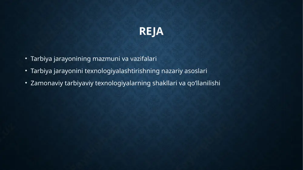 timoiy muhitga to‘g‘ri moslashtirishda muhim rol o‘ynaydi, jamiyat barqarorligini ta'minlaydi. o'qitish va tarbiyalashning maqsadlari va vazifalarining aniqlanishi 1 maqsadlar aniqligi o'qitish va tarbiyalashning asosiy maqsadlari yoshlar uchun insoniylik, bilim va ko'nikmalarni rivojlantirish hamda jamiyatga moslashishni ta'minlashdir. bu jarayon shaxsiy va ijtimoiy rivojlanishni qo'llab-quvvatlaydi. 2 vazifalar belgilanishi har bir ta’lim bosqichi uchun aniq vazifalar belgilanishi muhim bo'lib, ular o'quvchilarning bilim darajasini oshirish, ehtiyojlariga mos yondashuvlarni ishlab chiqishga yordam beradi. 3 yondashuvlarning muhimligi maqsadlar va vazifalarni to'g'ri belgilash pedagogik yondashuvlar va texnologik asboblarning samarali qo'llanilishini ta'minlaydi, ta’lim sifatini oshiradi. tarbiya jarayonining individual va ijtimoiy rivojlanishga ta'siri 1 individuallik va rivojlanish tarbiya jarayoni shaxsning qobiliyatlari, intilishlari va maqsadlariga moslashib, uning muhitga moslashuvini va shaxsiy rivojlanishini ta'minlaydi. 2 jamiyatga ta'sir rivojlangan shaxslar jamiyatda faol ishtirok etadi, ijtimoiy muhitni yaxshilashda yordam beradi, shuningdek, madaniyat va qadriyatlarni rivojlantiradi. 3 o'zaro aloqalar tarbiya ijtimoiy ko'nikmalar, hamjihatlik va jamoaviy muhitni shakllantiradi, shaxslar orasidagi muloqot va hamkorlikni kuchaytiradi. tarbiya …