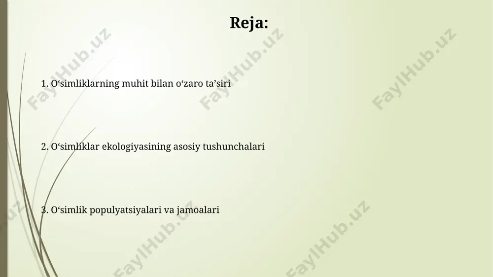 oʻsishini boshqaradi. oʻsimliklarning asosiy turlari oʻsimliklarning 30000 dan ortiq turi mavjud boʻlib, ularning 25% dan ortigʻi tropik mintaqalarda, masalan, amazon oʻrmonlarida joylashgan. suv oʻsimliklari, masalan, nilufarlar va qamishzorlar, dunyoning 10% dan ortiq suv havzalarida uchraydi, ularning 500 dan ortiq turi mavjud. oʻsimliklarning moslashuvi mangrov o'simliklari, masalan, sundaland mintaqasining qirg'oq bo'ylarida, tuzli suv muhitiga moslashgan bo'lib, ildizlaridan tuzni filtrlaydi va 10-15% tuzli suvda o'sishi mumkin. togʻli hududlarda, masalan, himoloy togʻlarida, 4000 metrdan yuqori balandliklarda o'sadigan o'simliklar, kuchli shamol va past haroratga chidamli bo'lishlari uchun, zich va qisqa poyalarga ega bo'ladilar. yorugʻlikning taʼsiri shimoliy katta britaniyadagi 1000 lyuksdan past yorugʻlik sharoitida oʻsuvchi soyaga chidamli oʻsimliklar, past yorugʻlik intensivligiga moslashgan boʻlib, fotosintez uchun minimal yorugʻlik energiyasidan foydalanadilar. fotosintez samaradorligi, yorugʻlik intensivligiga bogʻliq boʻlib, 5000 lyuksdan yuqori yorugʻlikda, aksariyat c3 oʻsimliklarida fotosintezning toʻyinganligi kuzatiladi, lekin c4 oʻsimliklari yuqori yorugʻlikka chidamliroq. ekologik omillar qizilqum choʻlining 40°c dan yuqori harorat va yillik yogʻin miqdorining atigi 100 …