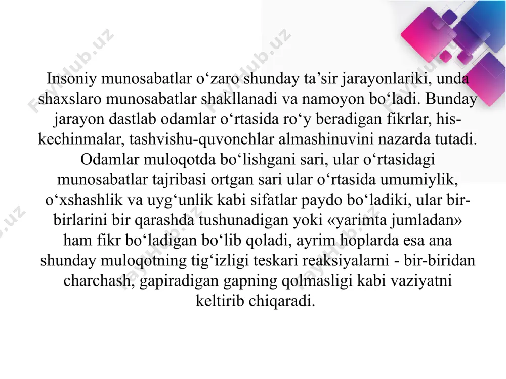 oliyatiga qanday ta’sir ko’rsatadi? 33 olingan ma’lumotlar shuni ko’rsatdiki, boshqalar bilan hamkorlikda bo’lgan individ faoliyatining tezligi oshadi, lekin harakatlar sifati ancha pasayishi aniqlandi. bunday ma’lumotlar amerikalik n.triplett, nemis olimi a.mayer, rus olimi v.m.bexterev, yana bir nemis olimi v.myode va boshqalarning tadqiqotlarida ham qayd etildi. 34 individning faoliyat mahsullariga uning yonida bo’lgan boshqa individlarning bevosita ta’siri bo’lib bu ta’sir avvalo sensor kuchayishlar hamda ish-harakatlarning, fikrlashlarning tezligida namoyon bo’ladi ijtimoiy fassilitatsiya boshqalar ta’sirida individ reaksiyalaridagi tormozlanish faoliyatining susayishi holatlari ijtimoiy ingibitsiya 35 kichik guruhlarga xos qonuniyatlar birinchidan, kichik guruhlarning hajmi, uni tashkil etuvchi shaxslar soni xususida shunday fikrga kelindiki, kichik guruh ''diada" ikki kishidan tortib, to maktab sharoitida 30-40 kishigacha deb qabul qilindi. ikki kishilik guruh deyilganda, avvalo oila - yangi shakllangan oila ko’proq nazarda tutiladi. lekin samarali o’zaro ta’sir nazarda tutilganda 7-2 kishi ko’zlanadi. bunday guruh turli ijtimoiy psixologik tadqiqotlar uchun ham, sotsial psixologik treninglar o’tkazish uchun ham qulay hisoblanadi. 36 …