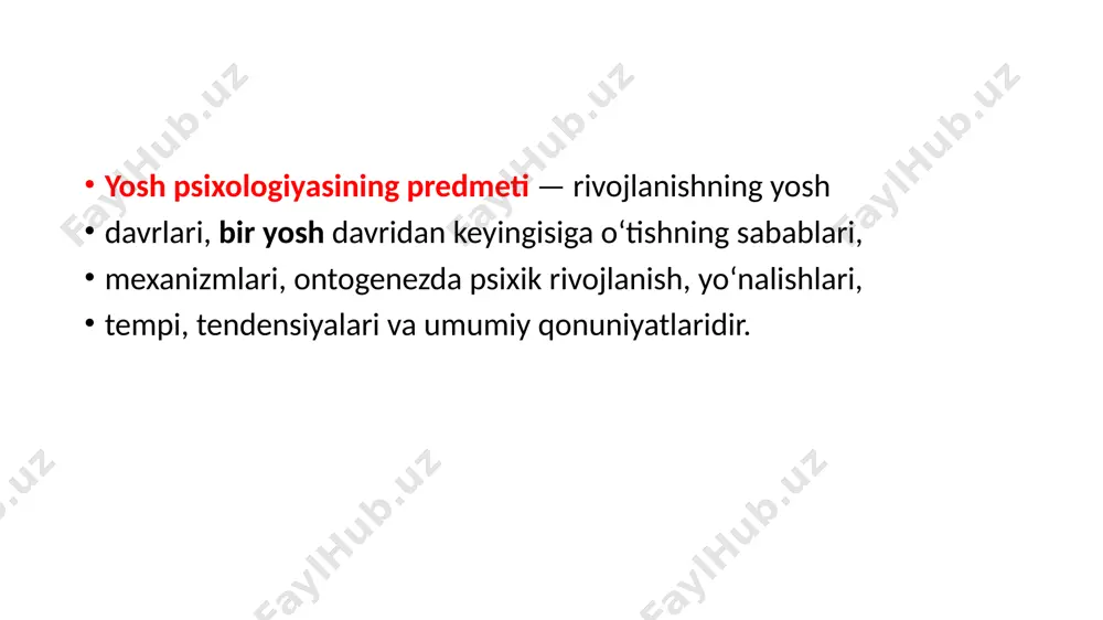 arni o‘zlashtirishning yosh imkoniyatlarini tadqiq qilish; 2) shaxs rivojlanishining muhim omillarini o‘rganish; 3) psixik taraqqiyotning umumiy qonuniyatlarini hamda bosqichlarini tadqiq etish; 4) har bir yoshning psixologik va individual xususiyatlarini o‘rganish. yosh psixologiyasining nazariy vazifalari: — insonning butun hayot yo‘li davomida psixik taraqqiyoti manbalari, mexanizmlari va harakatga keltiruvchi kuchlarini o‘rganish; — ontogenezda psixik rivojlanishni davrlashtirish; — psixik jarayonlar kechishining yosh xususiyatlarini va qonuniyatlarini o‘rganish; — turli yosh davrlarida bilimlarni o‘zlashtirish, turli faoliyatlarni amalga oshirish qonuniyatlari, xususiyatlari va imkoniyatlarini aniqlash; — turli yosh bosqichlarida shaxs rivojlanishini tadqiq qilish. yosh psixologiyasining amaliy vazifalari: — psixik funksiyalarning yosh normalarini aniqlash, insonning ijodiy potensialini va psixologik zaxiralarini ishga tushirish; — bolalarning ruhiy salomatligini va psixik taraqqiyotning kechishini tizimli nazorat qilish xizmatini tashkil etish, ota-onalarga muammoli vaziyatlarda yordam ko‘rsatish; — yosh va klinik diagnostika; — inson hayotining inqirozli davrlarida yordam ko‘rsatish, psixologik qo‘llab-quvvatlash funksiyasini bajarish; — uzluksiz ta’lim tizimda o‘quv jarayonini optimal tashkil etish. rivojlanish jarayonining …
