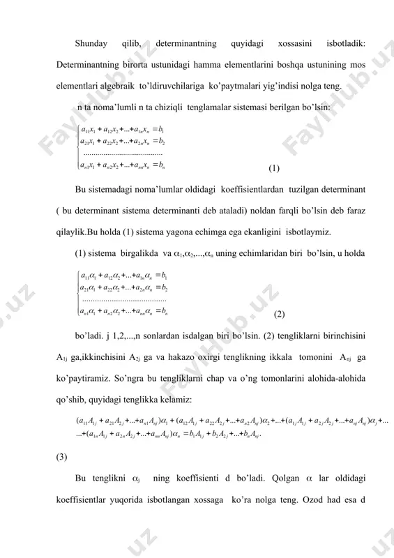 a11 ga bo`lib, quyidagiga ega bo`lamiz: x1 + b12x2 + b13x3 + b14x4 = b15 (3.8) bu erda (3.8) tenglikdan foidalanib (3.7) tizimning ikkinchi, uchinchi va turtinchi tenglamalaridan x1 noma`lumni iukotamiz. buning uchun (3.8) tenglamani a21, a31 va a41 ga ko`paitirib natijani mos ravishda tizimning ikkinchi, uchinchi va turtinchi tenglamalaridan airish kerak. u xolda uch noma`lumli quyidagi tizimga ega bo`lamiz: (3.9) bu erda aij = aij -ai1b1j (i = 2,3,4, j=2,3,4,5) (3.10) endi shu tizimni o`zgartirishga kirishamiz. ikkinchi kadamni bajarishga utishdan oldin ikkinchi kadamning etakchi elementi deb ataladigan a122 elementni noldan farqli deb faraz kilamiz (aks xolda tenglama-larning urnini tegishli ravishda almashtirish lozim). (3.9) tizimning birinchi tenglamasini a122 ga bo`lamiz, u xolda (3.11) bu erda (j = 3, 4, 5 ) yuqoridagiga o`xshash x2 ni yo`qotsak, (3.12) tizimga ega bo`lamiz, bu erda (i = 3,4; j = 3,4,5) (3.13) (3.12) ning birinchi tenglamasini ga bo`lamiz, u xolda bo`ladi, bu erda …