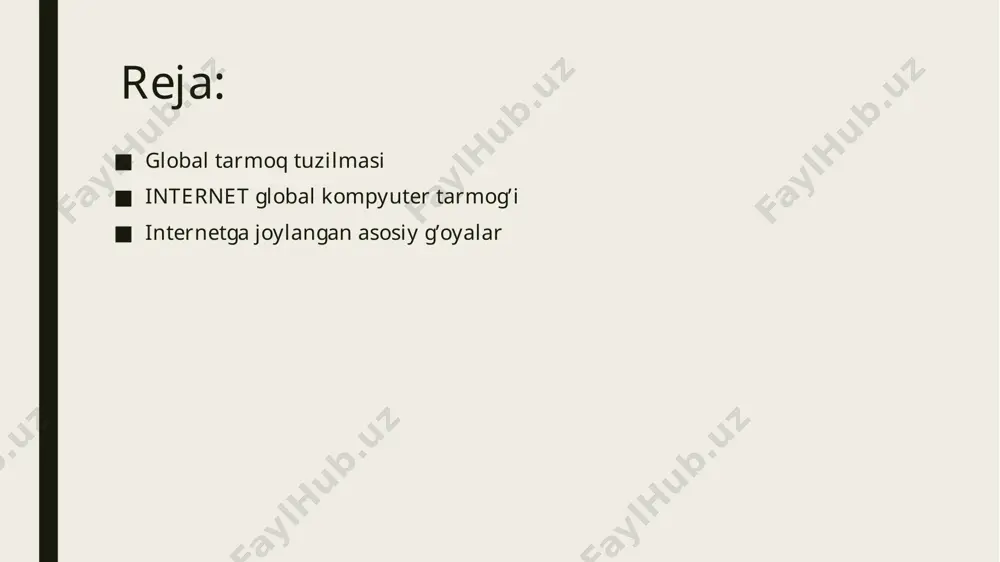 bn kompaniyasi bilan shartnoma tuzildi, bu esa tcr/irni unix ot safiga kiritdi. 1983 yilda - internet tashkil etildi. arranet 2 ta qismga bo’lindi: milnet va arranet, ularga nsfnet va boshqa tarmoqlar ulandi. 1989 yil - arranet mustaqil almashish imkonini yaratdi. biroq bir necha yil ilgari uning resurslariga faqat faylga murojaat qilishga mo’ljallangan dasturiy ta'minot yordamidagina kirish mumkin edi. -1981 y. - internet ga 213 ta kompyuter ulangan; -1983 y. - internet ga 562 ta kompyuter ulangan; -1986 y. - 5089 ta kompyuter ulandi; -1992 y. - 727000 kompyuter ulandi; -1995 y. - 20-40 million kompyuter birlashdi. internetga joylangan asosiy g’oyalar isî (international standard organization - standartlash bo’yicha xalqaro tashkilot) ochiq tizimlar (iso/osi) o’zaro ta'sir standartini ishlab chiqdi, uning asosiy maqsadi, turli darajadagi tarmoq komponentlarining o’zaro munosabatini tashkil etuvchi tartiblar va turli xildagi darajalardir. internet tarmog’i yetti darajali model asosida tashkil qilingan. iso modeliga muvofiq xar bir darajaning vazifasi quyidagi servisni …