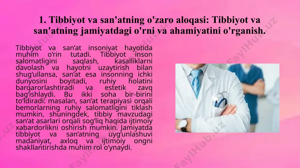 lar. bu jarayon ularning dardini unutishga, o‘z-o‘ziga bo‘lgan ishonchni tiklashga xizmat qiladi. ayniqsa, onkologik yoki uzoq muddatli davolanishni talab qiluvchi kasalliklarda san’at terapiyasi ruhiy quvvat manbai bo‘lib xizmat qiladi. shu sababli, zamonaviy tibbiyotda san’at — ruhiy salomatlikni qo‘llab-quvvatlovchi muhim davolovchi vosita sifatida tan olinmoqda. 3. san'at va tibbiyotning rivojlanishi: tibbiyot sohasidagi yutuqlar va san'at orqali ilmiy kashfiyotlarni ifodalash.. tarixda san’at va tibbiyot bir-birini boyitgan va rivojlantirgan ikki muhim soha sifatida namoyon bo‘lgan. ilk davrlarda inson tanasi tuzilishini o‘rganish san’at asarlarida, ayniqsa, rassomchilikda o‘z ifodasini topgan. leonardo da vinchi kabi olim-rassomlar anatomiya ilmini chuqur o‘rganib, uni grafik tasvirlar orqali ifodalagan. bugungi kunda ham tibbiyot sohasidagi kashfiyotlar – organlar transplantatsiyasi, genetik muhandislik, neyrotexnologiyalar va sun’iy a’zolar yaratish kabi yutuqlar – san’at vositasida keng ommaga tushunarli qilib yetkaziladi. san’at va tibbiyotning rivojlanishi insoniyat taraqqiyotining ajralmas qismlaridan biridir. tibbiyotdagi har bir ilmiy yutuq – inson tanasining murakkabliklarini, kasalliklarning tabiati va davolash usullarini chuqur tushunishni …