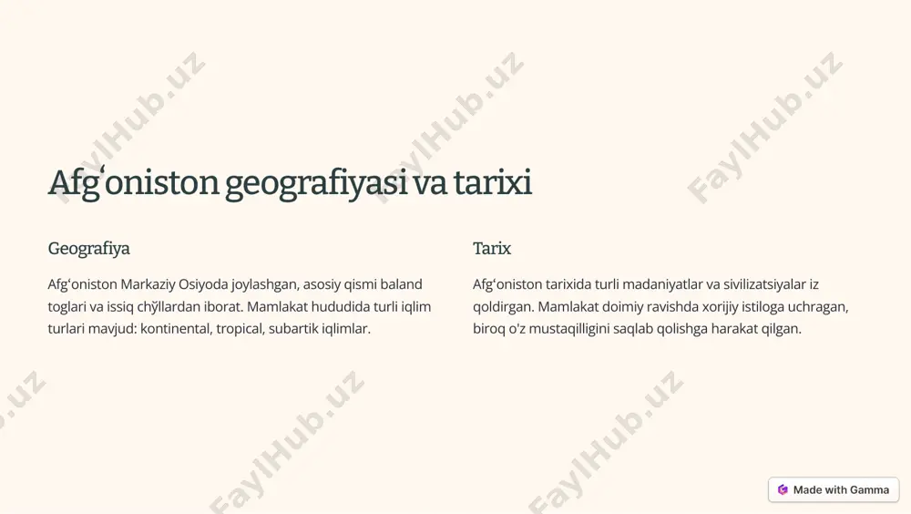 bog'liq edi. strategik o'rin afgʻoniston geopolitik jihatdan juda muhim o'ringa ega edi, chunki u britaniya imperiyasi va rossiya imperiyasi o'rtasidagi raqobat doirasida joylashgan edi. https://gamma.app/?utm_source=made-with-gamma afgʻon-britaniya urushlarining oqibatlari 1 xarobalarga aylangani afgʻon-britaniya urushlarining oqibatida ko'plab shaxarlar, qishloqlar va qal'alar vayron bo'ldi. bu oqibatda afgʻoniston iqtisodi va aholi hayot tarzi sezilarli darajada izdan chiqdi. 2 mustaqillikni mustahkamlash biroq, urushlar afgʻonistonning mustaqilligini mustahkamlash va chet el mudaxalasiga qarshi kurashishi kuchayishiga olib keldi. 3 siyosiy va ijtimoiy taraqqiyot shuningdek, bu davr afgʻoniston uchun siyosiy, iqtisodiy va ijtimoiy o'zgarishlar davri bo'ldi. bular keyingi asrlarda yuzaga kelgan islohotlar uchun zamin yaratdi. https://gamma.app/?utm_source=made-with-gamma shurolar istilosi va mudjohidlar harbi shurolar istilosi 1979 yilda shurolar afgʻonistonni bosib oldi. bu mamlakatda uzun fuqarolik urushi boshlanishiga sababchi bo'ldi. mudjohidlar harbi mudjohidlar qurolli qurolli qarshilik ko'rsatishdi va keyinchalik aqsh tomonidan qo'llab-quvvatlandi. fuqarolik urushi shuroların chiqib ketishi va talibon kuchlarining yuksalishi afgʻonistonda uzun fuqarolik urushiga olib keldi. https://gamma.app/?utm_source=made-with-gamma talibon hukmronligi davri 1996-2001 …