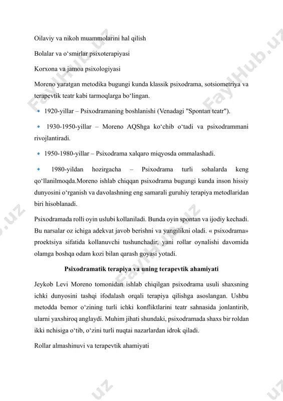 salar oz ichiga adekvat javob berishni va yangilikni oladi. « psixodrama» proektsiya sifatida kollanuvchi tushunchadir, yani rollar oynalishi davomida olamga boshqa odam kozi bilan qarash goyasi yotadi. psixodramatik terapiya va uning terapevtik ahamiyati jeykob levi moreno tomonidan ishlab chiqilgan psixodrama usuli shaxsning ichki dunyosini tashqi ifodalash orqali terapiya qilishga asoslangan. ushbu metodda bemor o‘zining turli ichki konfliktlarini teatr sahnasida jonlantirib, ularni yaxshiroq anglaydi. muhim jihati shundaki, psixodramada shaxs bir roldan ikki nchisiga o‘tib, o‘zini turli nuqtai nazarlardan idrok qiladi. rollar almashinuvi va terapevtik ahamiyati moreno usulida bemordan o‘zining turli ichki ovozlarini ifodalash so‘raladi. masalan, bemor o‘zini kichik boladek his qiladi va yig‘laydi. keyin esa terapevt undan uning ichki ovozi, ya'ni ta’na qiluvchi ota-ona roliga o‘tishni so‘raydi. natijada bemor o‘zini tanqid qilayotgan narsa o‘zining ichki ovozi ekanini tushunadi. shunday qilib, bemor o‘zining nafaqat jabrlanuvchi, balki faol ishtirokchi ekanini ham anglab yetadi. terapiyaning asosiy ahamiyati: ichki kurashni "moslashish" orqali emas, integratsiya orqali …