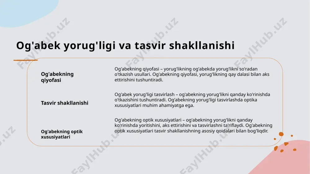 oladi. optika xususiyatlari va yorug'lik optika xususiyatlari va yorug'likda, nurning og'irligi, tashqi yuzlarda qaytarilishi va murakkab optik imijlarni shakllantirishda asosiy ro'li bor. optikalar, fokuslanish va murakkab tashqi imijlarni yaratishda muhimdir. photo by pawel nolbert on unsplash og'abeklar bilan yorug'likning o'zgarmasligi og'abeklar og'abeklar, yorug'likni o'zgarmas qayta nashr etadigan optik vositalardir. boshqaruv og'abeklarni boshqarishda, yorug'likning o'zgarmasligini o'rganish va amalga oshirish muhimdir. optik xususiyatlar og'abeklar bilan yorug'likning o'zgarmasligi optik xususiyatlarga ega bo'lgan ahamiyatli mavzudir. tasvir shakli og'abeklar orqali yorug'likning tasvir shakli shu jismlarda o'rganiladi. yorug'likning praktik asoslarini o'rganish 1 yorug'likning quyidagi xususiyatlari yorug'likning praktik asoslarini o'rganishda, yorug'likning tezligi, to'g'ri yorug'lik va qayta yorug'likning muhimligi muhokama qilinadi. 2 optik tugmalar va ularining rolli optik tugmalar, yorug'likning qayta yorug'likda o'z vazifalarini bajaradilar. optik tugmalar yorug'likning fazo va tezligiga ta'sir qiladi. 3 yorug'likning aks etishini tushunish yorug'likning aks etishini tushunish, aks etishning qanday amaliyotda sodda shakllanishi va yorug'likning qayta yorug'likda aks etishining o'z xususiyatlari. 4 yorug'likning …