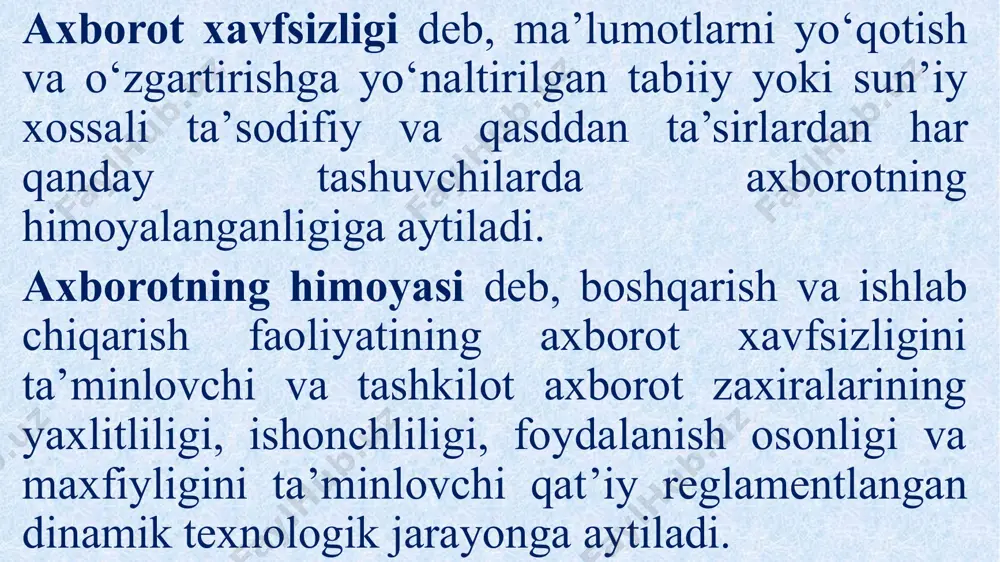 tizimga kirishni nazorat qilish — turli shaxs guruxlari axborot manbalariga har xil kirishga egaligi va bunday kirishga cheklashlar doim bajarilishlik kafolati; • nazorat qilinishi — istalgan paytda dastur majmuasining xoxlagan qismini to‘liq tekshirish mumkinligi kafolati; • identifikatsiyalashni nazorat qilish — xozir tizimga ulangan mijoz aniq o‘zini kim deb atagan bo‘lsa, aniq o‘sha ekanligining kafolati; • qasddan buzilishlarga to‘sqinlik — oldindan kelishilgan me’yorlar chegarasida qasddan xato kiritilgan ma’lumotlarga nisbatan tizimning oldindan kelishilgan xolda o‘zini tutishi. axborotni ximoyalashning maqsadlari quyidagilardan iborat: - axborotning kelishuvsiz chiqib ketishi, o‘g‘irlanishi, yuqotilishi, o‘zgartirilishi, soxtalashtirilishlarning oldini olish; - shaxs, jamiyat, davlat xavfsizliligiga bo‘lgan xavf – xatarning oldini olish; - axborotni yuk qilish, o‘zgartirish, soxtalashtirish, nusxa ko‘chirish, to‘siqlash bo‘yicha ruxsat etilmagan xarakatlarning oldini olish; - xujjatlashtirilgan axborotning miqdori sifatida xuquqiy tartibini ta’minlovchi, axborot zaxirasi va axborot tizimiga xar qanday noqonuniy aralashuvlarning ko‘rinishlarining oldini olish; virus deb avtonom ravishda ishlash, boshqa dastur tarkibiga o‘z–o‘zidan qo‘shiluvchi, ishga qodir va kompyuter …