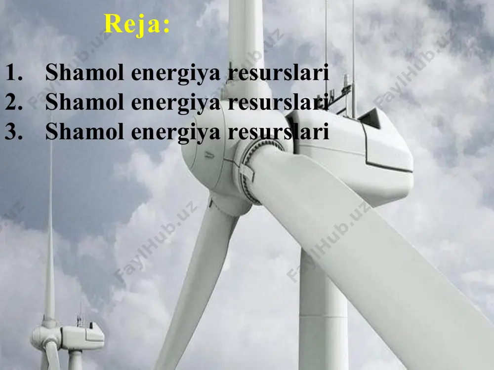 kamaytirish, elektr ta’minoti quvvati bo‘yicha cheklovlar; - elektr ta’minotidan olisda joylashgan tumanlarda dizel generatorlari va quyosh fotoelektr tizimlari bilan birgalikda foydalanish mumkin. elektr energiyasini ishlab chiqarish uchun dizel generatorlari bunga muqobil bo‘lishi mumkin. buning sabablari: energiya bilan qulay va ishonchli ta’minlash darajasini oshirish. o‘zbekiston respublikasi prezidentining qarori, 16.02.2023 yildagi pq-57-sondagi qaroriga binoan, umumiy quvvati 4300 mw bo‘lgan qayta tiklanuvchi energiya manbalarini, shu jumladan 2100 mw - yirik quyosh va shamol elektr stansiyalari, 1 200 mw - ijtimoiy soha obyektlari, xo‘jalik subyektlarining bino va inshootlari hamda xonadonlarda o‘rnatiladigan quyosh panellari, 550 mw - tadbirkorlar tomonidan barpo etiladigan kichik fotoelektr stansiyalarini ishga tushirish, shu jumladan qayta tiklanuvchi energiya manbalari urilmalarini o‘rnatish, iste’molchilarni muqobil energiyaga o‘tkazish va energiya tejamkor texnologiyalarni joriy qilish orqali 2023-yilda qo‘shimcha 5 milliard kwh elektr energiyasi ishlab chiqarish va 4,8 milliard metr kub tabiiy gazni iqtisod qilish ko’zda tutilgan. navoiy viloyatida quvvati 500 mvt bo‘lgan shamol elektr stansiyasini qurish …