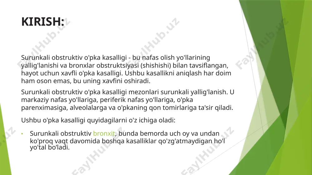i obstruktiv o'pka kasalligi. 2011 yilda xalqaro ekspertlar guruhi tomonidan ishlab chiqilgan va surunkali obstruktiv o'pka kasalligi darajasini integral baholash asosida tasniflash taklif qilingan: a - alevlenme xavfi past, alomatlar aniq emas; b - alevlenme xavfi past, alomatlar aniq; c - alevlenme xavfi yuqori, alomatlar ifodalanmaydi; d - alevlenme xavfi yuqori, alomatlar aniq. surunkali obstruktiv o'pka kasalligi belgilari: surunkali obstruktiv o'pka kasalligining asosiy belgilariga quyidagilar kiradi. nafas qisilishi yoki havoning yetishmasligi hissi - dastlab jismoniy kuch bilan, keyin esa dam olish paytida; havo yetishmovchiligi changli joyda, sovuqda, havodagi tirnash xususiyati beruvchi moddalar mavjud bo'lganda kuchayadi; balg'am bilan yoki bo'lmasdan surunkali yo'tal; nafas chiqarishda va ayniqsa majburiy nafas olishda nafas olish uzayishi; xirillash; qappaygan ko'krak (old-orqa ko'krak hajmi kattalashadi). surunkali obstruktiv o'pka kasalligi o'sishi yo'talning ko'payishi va balg'am miqdorining ko'payishi bilan namoyon bo'ladi. balg’am yiringli bo'lishi mumkin. kelajakda nafas olish qiyinlashuvi oddiy harakatlar jarayonida paydo bo'ladi. shu bilan birga, bemorlar ozishni …