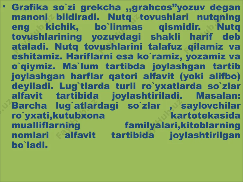 harflar tizimiga alifbo (yoki alfavit) deyiladi. lotin grafikasiga asoslangan yangi o‘zbek alifbosi quyidagi harflarni o‘z ichiga oladi: bulardan a, o, o’, u, i, e unli tovushlarni, b, v, y, k, g… kabi harflar undosh tovushlarni ifodalaydi. har bir unli tovush alohida-alohida harflar orqali ifodalanadi. undoshlarda bir fonemani ikki harf orqali ifodalash hollari ham uchraydi: ch, sh, ng kabi. e’tiboringiz uchun tashakkur! image3.jpeg image4.jpeg image5.gif image6.jpeg image7.jpeg image8.jpeg image9.jpeg /docprops/thumbnail.jpeg
