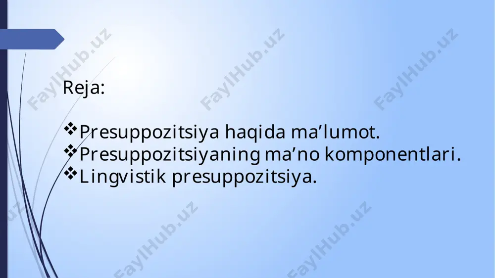 esuppozitsiya planiga oidligini va bu komponent faqat nutqda presuppozitsiya orqali anglashnishini ko‘rsatadi. majburiy ma’no – ma’noning signifikativ (semantik) aspektiga oid va uning til birligi sifatida mavjud bo‘lishi uchun zarur lingvistik presuppozitsiya lingvistik presuppozitsiya mantiqiy presuppozitsiyadan farqli ravishda ma’lum ifodalanish shakliga – moddiy vositasiga, tashqi signallariga ega. masalan, o‘zbek tilidagi “karim ham keldi” jumlasida yana boshqa kimdir keldi presuppozitsiyasi anglashiladi. bu presuppozitsiyaning moddiy substrati - tashqi signali ham yuklamasidir. chunki shu yuklama presuppozitsiya uchun yo‘l ochadi. shuningdek, kelish harakatining yuzaga chiqish vositasi (piyoda, mashinada, otda va b.) ham presuppozitsiya orqali ma’lum bo‘ladi. ekstralingvistik presuppozitsiya ba’zan gapda lingvistik presuppozitsiya bilan bir vaqtda ekstralingvistik presuppozitsiya ham yonma-yon aks etadi. bunday holatda tilning maxsus ishora vositalari orqali yuzaga chiquvchi lingvistik presuppozitsiyani turli ekstralingvistik omillar – nutq vaziyati, nutq egalarining voqelikka munosabati, nutq ob’ekti haqidagi oldindan ma’lum bilimlar asosida yuzaga keladigan presuppozitsiyalardan farqlash lozim bo‘ladi. «ahmadning katta o‘g’li keldi» gapini tahlil qilar ekan, bu gapda …