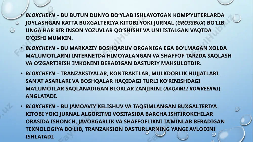 i falsifikatsiya qilish uchun tarmoq (tugun)lari a’zolarining jurnallarini ham o‘zgartirish talab etiladi. bu esa tabiiyki, mumkin emas.muhokamaga oydinlik kiritish uchun quyidagi ta’kidlovni keltiramiz: «bitkoinning blokcheyni birinchi marta bloklar zanjiri sifatida aniqlangan edi. unda har bir tranzaksiya bloklardan biri bo‘lishi uchun shifrovka qilinadi. keyingi tranzaksiya ham o‘z navbatida undan oldingi blok asosida shifrlanadi va xokazo – xuddi shu amallar ketma-ketligi bloklar zanjiri tushunchasiga yoki boshqa so‘zlar bilan aytganda, blokcheyn tushunchasiga olib keldi».shunday qilib, ishonchli degan statusni olish uchun har bir kelishuv (yoki operatsiya) asimmetrik kriptografiya (ochiq yoki yopiq kalit) smart-shartnoma nima image2.png image3.png image4.png image5.png image6.png image7.png image8.png image9.png image10.png image11.png image12.png image13.png image14.png image15.png image1.png /docprops/thumbnail.jpeg