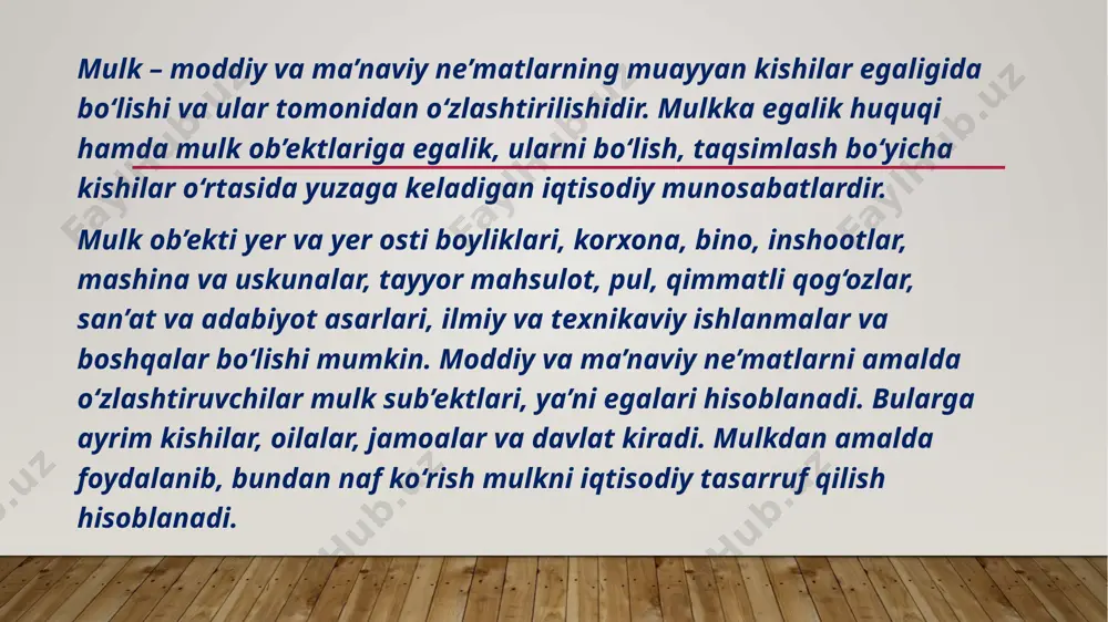 ga ixtiyoriy ravishda birlashgan kishilarning umumiy mulki bo‘lib, bu mulkning egalari shu jamoada mexnat qilishi shart. bu yerda mulk egasi ayni bir vaqtda shu mulkni amalda ishlatuvchi ham hisoblanadi. davlat mulki – davlat ixtiyorida bo‘lgan mulk, davlat hokimiyati organlari tomonidan tasarruf etiladigan monopollashgan mulkdir. bunday mulk ob’ekti – yer, tabiat resurslari, asosiy vositalar, binolar, moliya, moddiy resurslar, axborot, moddiy va ma’naviy boyliklar bo‘lishi mumkin. bu mulk ijtimoiy ne’matlarni yaratishga xizmat qiladi. mulkchilik munosabatlari – bu mulkka egalik qilish, foydalanish, tasarruf etish va o‘zlashtirish jarayonlarida vujudga keladigan iqtisodiy munosabatlardir. mulkka egalik qilish – mulkdorlik huquqining uning egasi qo‘lida saqlanib turishi va yaratilgan moddiy boyliklarni o‘zlashtirishning iqtisodiy shakli. mulkdan foydalanish – mol-mulkning iqtisodiy faoliyatida ishlatilishi yoki ijtimoiy hayotda qo‘llanilishi, ya’ni uning nafli jihatlarining bevosita iste’mol qilinishi. mulkni tasarruf etish – mol-mulk taqdirini mustaqil hal qilish. ya’ni mol-mulkni sotish, meros qoldirish, hadya qilish, ijaraga berish kabilar. ijtimoiy soha tushunchasi va uning rivojlanishi bozor …