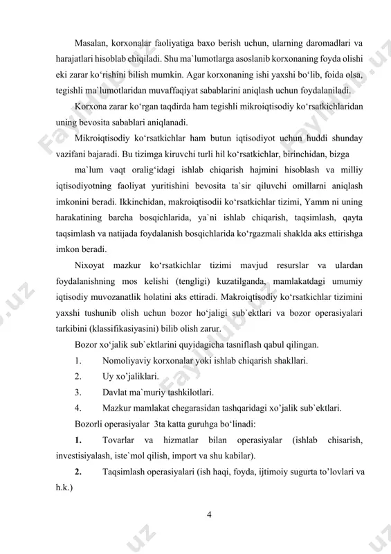 ort va shu kabilar). 1. taqsimlash operasiyalari (ish haqi, foyda, ijtimoiy sugurta to’lovlari va h.k.) 1. moliyaviy operasiyalar (pulga taaluqli aktivlar va passivlarning o’zgarishi, valyuta va qimmatli qog’ozlar bilan operasiyalar, kreditli operasiyalar va h.k.) makroiqtisodiy ko‘rsatkichlarni hisoblashda moliyaviy balanslar tizimi alohida o‘rin tutadi. bunda balans shaklidagi jadval orqali resurslar va ulardan foydalanish ikki yo‘qlama yozish tartibida ko‘rsatiladi, ya`ni har bir operasiya to‘lovchisi va oluvchisiga ega bo‘ladi. shu sababli bir marta resurslar va ikkinchi marta foydalanish sifatida yoziladi. bmt statistika hizmati tavsiya qilgan uslub bo‘yicha makroiqtisodiy ko‘rsatkichlar harakati ikki darajada aks etadi: yig‘ma hisobda yamm, md harakti, kapital qo‘yilmalarni moliyalashtirish, boshqa mamlakatlar bilan operasiyalar; mukammal hisobda esa tarmoqlararo aloqalar, daromadlarning harakati, ularning taqsimlanish va pirovard foydalanishi ko‘rsatiladi. yig‘ma hisobga yalpi milliy maxsulotni daromadlar va sarflar bo‘yicha hisoblash misol bo‘la oladi. jamiyatning iqtisodiy rivojlanish darajasini harakterlovchi juda ko‘plab makroiqtisodiy ko‘rsatkichlar mavjud. tarixiy jihatdan dastlab moddiy ishlab chiqarish sohalari rivojlanish miqiyosini harakterlovchi ko‘rsatkichlarga …