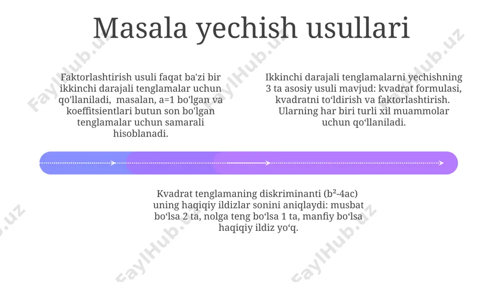 ismning harakatini modellashtirishda. ikkinchi darajali tenglamalarni yechishda amaliy masalalarning 25%i geometrik shakllar yuzasi va hajmini hisoblash bilan bogʻliq boʻlib, bu yerda kvadrat, to'rtburchak va uchburchaklarning o'lchamlari noma'lum bo'ladi. amaliy masalalarning 40%ida ikkinchi darajali funksiyaning grafiklarini tahlil qilish va ularning minimum yoki maximum nuqtalarini topish kabi vazifalar uchraydi, bu esa optimal qiymatlarni aniqlashga yordam beradi. e'tiboringiz uchun rahmat @taqdimot_robot image1.jpeg image2.jpeg image3.jpeg