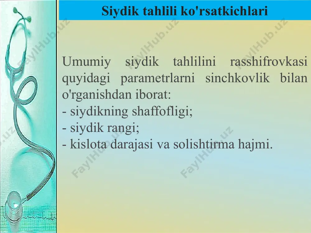sida kuzatiladi. siydik kislotaliligining pasayishi sil, gipokaliemiya, qandli diabet, qusish bilan kechadigan ovqat zaharlanishi uchun xarakterlidir. e’tiboringiz uchun raxmat image2.png image3.png image4.jpeg image5.png image6.png image7.png image8.png image9.png image10.png image11.png image1.png /docprops/thumbnail.jpeg