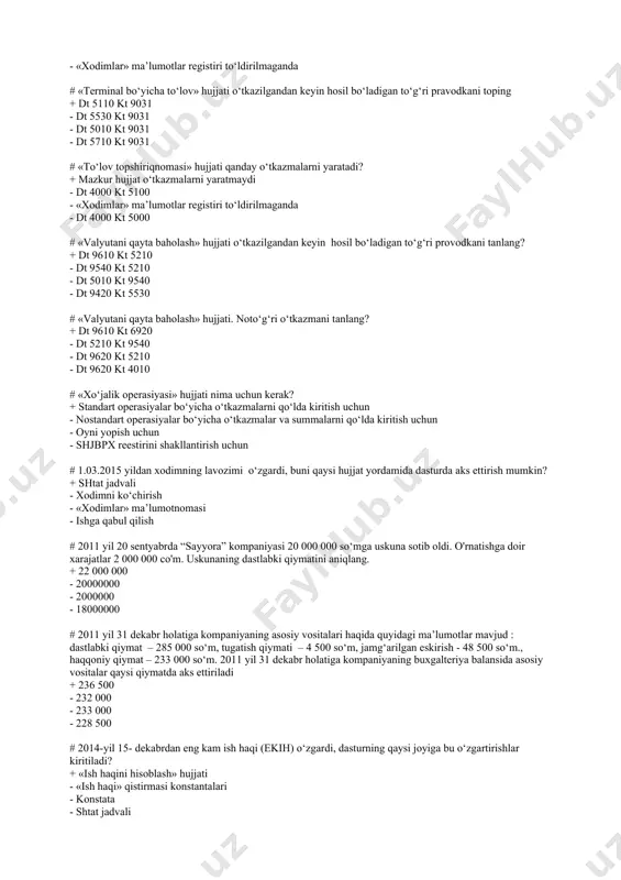 nlang? + dt 6710 kt 5530 - dt 6710 kt 5710 - dt 6710 kt 6990 - dt 6710 kt 5110 # «tabel» hujjati qanday sabablarga ko‘ra to‘ldirilmasligi mumkin? + “ish vaqti jadvali” ma’lumotnomasi to‘ldirilmaganda - «hisob-kitob turlari» ma’lumotnomasidan - «bo‘linmalar» ma’lumotnomasi to‘ldirilmaganda - «xodimlar» ma’lumotlar registiri to‘ldirilmaganda # «terminal bo‘yicha to‘lov» hujjati o‘tkazilgandan keyin hosil bo‘ladigan to‘g‘ri pravodkani toping + dt 5110 kt 9031 - dt 5530 kt 9031 - dt 5010 kt 9031 - dt 5710 kt 9031 # «to‘lov topshiriqnomasi» hujjati qanday o‘tkazmalarni yaratadi? + mazkur hujjat o‘tkazmalarni yaratmaydi - dt 4000 kt 5100 - «xodimlar» ma’lumotlar registiri to‘ldirilmaganda - dt 4000 kt 5000 # «valyutani qayta baholash» hujjati o‘tkazilgandan keyin hosil bo‘ladigan to‘g‘ri provodkani tanlang? + dt 9610 kt 5210 - dt 9540 kt 5210 - dt 5010 kt 9540 - dt 9420 kt 5530 # «valyutani qayta baholash» hujjati. noto‘g‘ri o‘tkazmani tanlang? + dt 9610 …