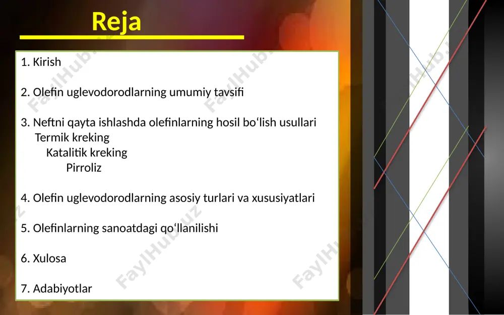 kreking jarayoni kreking – yuqori molekulyar og‘irlikka ega bo‘lgan uglevodorodlarni kichikroq molekulalarga ajratish jarayoni. bu ikki asosiy turga bo‘linadi: kreking jarayoni termik kreking: yuqori harorat (450-750°c) va bosim ta’sirida uglevodorodlar parchalanadi, natijada olefinlar hosil bo‘ladi. masalan, propilen (c3h6) va etilen (c2h4). katalitik kreking: maxsus katalizatorlar yordamida pastroq harorat va bosimda amalga oshiriladi. bu usulda ham yuqori darajada olefinlar olinadi. termik kreking katalitik kreking: pirroliz (bug‘ krekingi) bug‘ kreking jarayoni asosan yengil uglevodorodlardan, masalan, naftadan, olefinlarni olish uchun ishlatiladi. ushbu jarayon 750-900°c haroratda va qisqa vaqt oralig‘ida (0,1-0,5 soniya) olib boriladi. natijada asosiy mahsulot sifatida etilen va propilen olinadi. reformatsiya reformatsiya jarayonida neft mahsulotlarining tarkibi o‘zgartiriladi. bunda ba'zan to‘yingan uglevodorodlar parchalanib, olefinlar hosil bo‘lishi mumkin. yon mahsulot sifatida hosil bo‘lish neftni qayta ishlashning boshqa jarayonlari, masalan, vodorodlash yoki gazifikatsiya, yon mahsulot sifatida olefinlarni hosil qilishi mumkin. olefinlarning asosiy vakillari neftni qayta ishlashda hosil bo‘ladigan asosiy olefinlar: etilen (c2h4): plastiklar va sintetik …