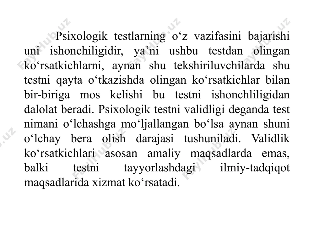 htirilganni ishlab chiqish, shuningdek tanlovda standartdan farqlanuvchini ishlatish; b) - yangi test ishlab chiqishda kiritiladigan normalovchi ballarni albatta asoslash zarur. stenlar shkalasi – 10b. shkala bo‘lib, shaxs xususiyatlarini xarakterlashda qo‘llaniladi. stanina – 9b.shkala. protsentillar shkalasi maksimal ko‘rsatkichdan o‘rnatiladi. protsentil shkalalari testologiyada qo‘llaniladigan barcha an’anaviy shkalalar asosida yotadi. (t-ochki mmri, ballar iq, stenlar 16rf va boshqalar). v) – standart tanlov guruhlar soni va tuzilishi bo‘yicha yaxshi balanslangan bo‘lishi kerak. statistik tushunchalar statistik metodlarning maqsadi miqdoriy ko‘rsatkichlarni tushunish uchun ularni mujasamlashtirilgan va tizimlashtirilgan holatda taqdim qilishdan iborat. 1000 test baholariga nazar solish ancha ta’sirchan ko‘rinsa-da, ammo uni tushunish qiyinchilik tug‘diradi. natijalarni statistik me’yorlashtirish uchun bir necha bosqichli tadbir amalga oshiriladi. buning uchun ballarning chastotali taqsimoti javdali tuzib chiqiladi (1-jadval). buning uchun dastlab, birlamchi baholarning miqdoriy miqdoriy ko‘rsatkichlarni taqsimlanish intervaliga ko‘ra baholari ma’lum shartli belgilar bilan ifodalanadi. barcha chastotalar yig‘indisi n-ushbu guruhdagi holatlarning umumiy soni. birlamchi baholar bo‘g‘inli kodning to‘g‘ri bajarilgan elementlar miqdorlari. …