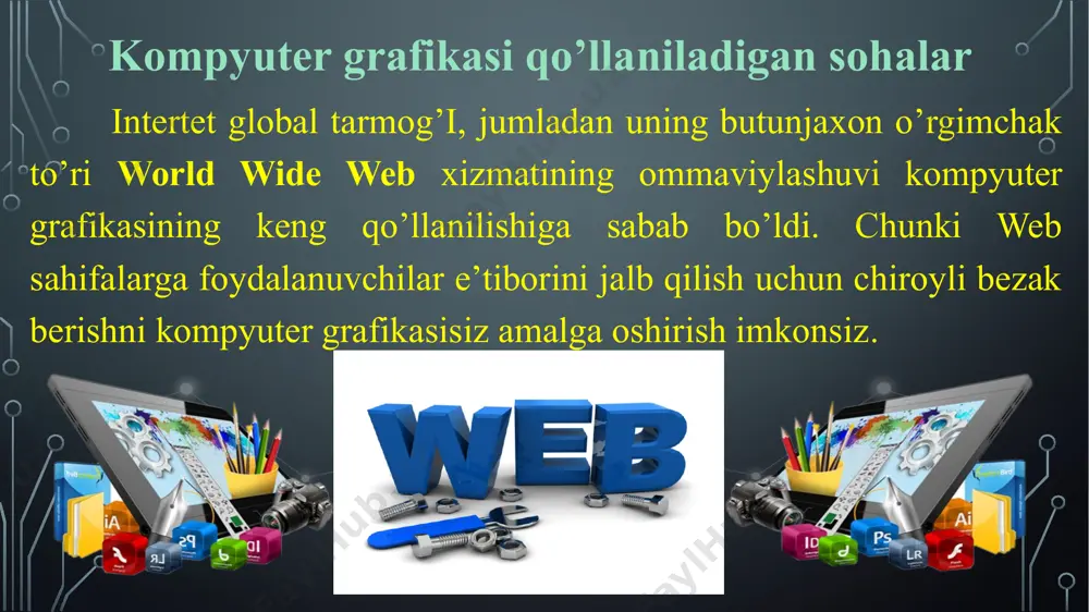 iz kerak. slaydlar paneli o‘rtadagi katta sohadir. bu sohada bevosita slayd bilan ishlaysiz. ushbu slaydda nuqtali chiziqlar bilan ko‘rsatilgan oynalar to‘ldiriladigan sohalar deb ataladi. bu yerga matn kiritish, rasm va hokazolarni qo‘shish mumkin. odidiy (обычный) rejimning asosiy 4 sohasi: sarlavha qo‘shish uchun bosing tagsarlavha qo‘shish uchun bosing eslatmalar qo‘shish uchun bosing 25 ishchi soha bilan tanishish bu powerpointda birinchi bo‘lib ochiladigan rejimdir. uning nomi - odidiy (обычный). slaydlarni yaratish uchun shu yerda ishlashingiz kerak. chap tomonda kichkina, yoki eskiz shaklidagi, taqdimot slaydlarining versiyalari ko‘rsatiladi, va joriy ishlatilayotgan slayd alohida yorqin rangda belgilangan. bu soha “slaydlar” ilovasi deb ataladi. odidiy (обычный) rejimning asosiy 4 sohasi: sarlavha qo‘shish uchun bosing tagsarlavha qo‘shish uchun bosing eslatmalar qo‘shish uchun bosing 26 boshqa slaydlarga o‘tish uchun “slaydlar” ilovasidagi slaydlar eskizlariga bosishingiz mumkin. ishchi soha bilan tanishish bu powerpointda birinchi bo‘lib ochiladigan rejimdir. uning nomi - odidiy (обычный). slaydlarni yaratish uchun shu yerda ishlashingiz kerak. pastki …