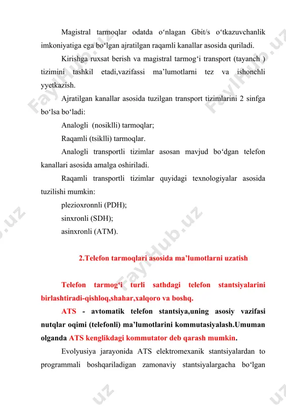 ilmalardir,kommutasiyalavchi qurilmalarni xizmat qilishni orzonlashtiradi va gaplashish traktini ulanishini yuqori sifatda boʻlishini ta'minlaydi. programmali boshqaruvchi ats ikkita turdagi stantsiya bilan keltirilgan. 1. kvazielektronli ats, bularda kommutasiyalavchi qurilmalar gerkonlar asosida tashkil etilgan,boshqarish esa mikroprosessorli vositalar asosida qurilgan. gerkonlar (germetizasiyalangan kontakt) juft ferromagnili kontaktdan tashkil topgan,germetizasiyalangan kolbani ichida kavsharlangan va elektromagnitli katushka bilan gerkonli releni tashkil etadi.( 4,a-rasm). pri proxojdenii toka cherez elektromagnitli choʻlgʻmdan tok oʻtganda kontaklar ulaniladi va ma’lumotlarni uzatish uchun elektr zanjir tashkil etadi. (4,b-rasm). 4-rasm. gerkonli releni tuzilishi 2. raqamli(elektronli) ats,bularda kommutasiyalash va boshqarish butkul raqamli. analogli signal abonenli komplektda raqamlashtriladi va ats ni ichida hamda atslar orasida raqamli koʻrinishda uzatiladi. bu esa signallarni soʻnishini kamaytiradi, uzatilayotgan ma’lumotlarga xalaqitlarni ta’sirini kamaytirishga kafolat beradi. bu esa ma’lumotlarni sifatli va maksimal tezlikda uzatilishini ta’minlaydi. elektronli ats soddalashtirilgan strukturasini toʻrtta asosiy blok koʻrnishida tasvirlasa boʻladi (5-rasm). 1. abonentli liniya bloki (bal) - abonentli liniya (al), abonentlarga xizmat qilish vazifaasini bajaradi va ularni …