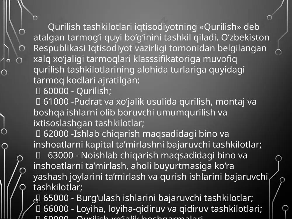 si (esm-2 shakl);  qurilish mashinasi ishi to‘g‘risida bildirgi (esm-3 shakl);  qurilish mashinasi ishi to‘g‘risida bildirgi-naryad (esm-4 shakl);  qurilish mashinasi (uskunasi) ishi hisobi kartasi (esm-5 shakl);  qurilish mashinalari (uskunasi) ishi hisobi jurnali (esm-6 shakl);  bajarilgan ishlar (xizmatlar) to‘g‘risida ma’lumotnoma (esm-7 shakl) qurilish mashinalari va uskunalarini ekspluatatsiya qilish harajatlarini schyotlarda aks ettirish 0230 - «mashina va asbob-ukunalarning eskirishi» 2310 - «yordam ishlab chiqarish» 2500 - «umumishlabchiqarish xarajatlarini hisobga oluvchi schyotlar» 6520 - «maqsadli davlat jamg’armalariga to’lovlar» 6710 - «mehnat hisobi bo’yicha xodim bilan hisoblashishlar» 6910 - «to‘lanadigan operativ ijara» buxgalteriya hisobi to‘g‘risida qonun (16-modda)ga muvofiq qurilish tashkilotlarining moliyaviy hisoboti o‘z ichiga quyidagilarni oladi:  buxgalteriya balansi;  moliyaviy natijalar to‘g‘risida hisobot;  asosiy vositalar harakati to‘g‘risida hisobot;  pul oqimlari to‘g‘risida hisobot;  xususiy kapital to‘g‘risida hisobot;  izohlar, hisob-kitoblar va tushuntirishlar. qurilish tashkilotlarining moliyaviy hisoboti quyidagilarga majburiy tarzda taqdim etiladi: - soliq idoralariga; - ta’sis hujjatlariga …