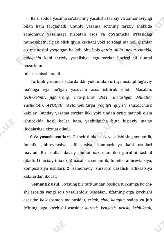 hular jumlasidandir. so‘z yasalishining bu usuli o‘zbek tilida rus va boshqa xorijiy tillar ta’sirida o‘tgan asrning boshlarida shakllangan bo‘lib, faqat qisqartma otlar yasalishida ishlatiladi. affiksatsiya usuli. bu usul bilan o‘zakka so‘z yasovchi qo‘shimchalar qo‘shish orqali yangi so‘z yasaladi. masalan: o‘r+oq, dars+lik, sez+gir, o‘zbek+cha, tor+ay(moq), mard+ona. so‘z yasovchi qo‘shimchalar o‘zakka qo‘shilib kelish o‘rniga ko‘ra ikki turli bo‘ladi: a) so‘z yasovchi ort qo‘shimchalar. o‘zbek tilida so‘z yasalishning asosini tashkil qiluvchi bunday qo‘shimchalar o‘zak-dan keyin qo‘shilib, yangi ma’noli so‘z hosil qiladi. masalan: o‘t+loq, chiri+k, tosh+qin, ish+chan, arra+la kabilar; b) so‘z yasovchi old qo‘shimchalar o‘zak oldidan qo‘shilib yangi so‘z yasaydi. masalan: be+tinim, no+to‘g‘ri, ba+ma’ni, ser+harakat, anti+demokratiya. old yasovchi qo‘shimchalar asosan sifat yasovchilar bo‘lib, ularning ko‘pchiligi fors-tojik tilidan kirib kelgan. kompozitsiya usuli. birdan ortiq mustaqil ma’noli o‘zak morfemalarning tobelashgan holda qo‘shiluvi, birikuvi orqali yangi so‘z hosil qilinishidir. masalan: mirzachul, gulqand, guldasta, temir yo‘l, qaror qilmoq, ahd etmoq. bunday yasama so‘zlar ikki yoki undan ortiq mustaqil …