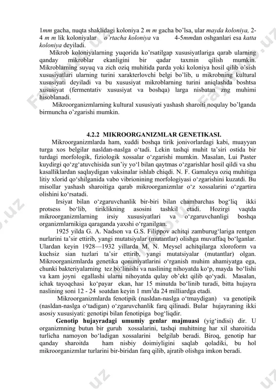 yordam beradi va agar bu moddalar ko’p to’plansa hujayraning rivojlanishiga to’sqinlik qiladi va hatto ularni nobud qiladi. bakteriya kulturalarini yangi oziqli muhitga ko’chirish, tirik mikroblardan tayyorlangan vaktsinalarni asrash va qancha vaqt yaraydiganligini bilishda bunday ma’lumotlar katta ahamiyatga egadir. laboratoriya sharoitida odatda 37° temperaturada va 18—24 soat ichida sun’iy oziqli muhitlarda o’stirpb olingan mikrob kulturalari ishlatiladi. mikroblar suyuq va zich oziqli muhitlarda o’stiriladi. mikrob kulturasi suyuts oziqli muhitga ekilib 6— 12—24 soat o’tgandan keyin uning ko’paygani bilinadi, ya’ni bunda avval tinits bulgan oziq (go’sht-pepton bulona) ning loytsalanishi mikrobning o’sib ko’payishini ko’rsatuvchi belgidir. ba’zi mikroblar o’sib ko’payganda suyuq ozitsli muhit solingan idishping atrofida halqa hosil qilsa, ba’zilari oziqning ustida parda hosil qiladi va ayrimlari esa idishning tubida cho’kma hosil qilib, oziq tiniq holda turadi. mikrobning suyuq oziq muhitida o’sish xususiyati mikrobning turiga bog’lik bo’ladi. masalan, suyuq oziq muhitiga ekilib ko’paytirilgan stafilokokklar oziqni juda loyqalatsa, streptokokk kulturasi mayin cho’kma hosil qiladi, vibrionlar esa …