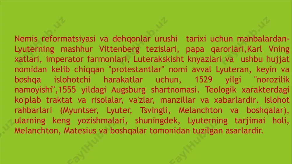avstriya) institutlari bayonnomalarida, diplomatik hisobotlarda. o'ttiz yillik urush tarixi uchun hujjatli manbalarning boy to'plamlari mavjud, ular nafaqat nemis, balki chex, frantsuz, shved, ingliz, italyan, ispan va boshqalar. ikki qism: imperator va shvetsiya o'rtasida tuzilgan bitim. osnabruk va imperator bilan frantsiya o'rtasidagi kelishuv myunsterda imzolangan germaniyadagi reformatsiya davridagi asosiy manbalardan biri bu frankning "xronika, xronika va tarixiy injil" (chronik, zeitbucb imd geschichtsbibel) 1525 yilgi voqealar va qonli voqealar haqida so'z yuritadigan qismidir.germaniyadagi dehqonlar urushida mag'lub bo'lgan dehqonlarni qirg'in qilish voqealari tasvirlangan. frankning yana bir asari - 1534 yilda nashr etilgan "dunyo kitobi" (vaytux) da germaniyaning ijtimoiy tizimining yorqin manzarasi mavjud. xarakterli tomoni shundaki, ruhoniylar, ikkilamchi va burgerlarning (bu uchinchi hokimiyat deb ataladi) mavqei va turmush tarzini tavsiflagandan so'ng, muallif "to'rtinchi hokimiyat" - dehqonlar, ko'mir qazib oluvchilar, cho'ponlar va boshqalar haqida, ular haqida gapiradi. mashaqqatli mehnat va zulm, soliqlar va boshqalar tasvirlangan. dehqonlar urushi tarixiga oid rivoyat manbalari juda qiziqdir. germaniyaning siyosiy …